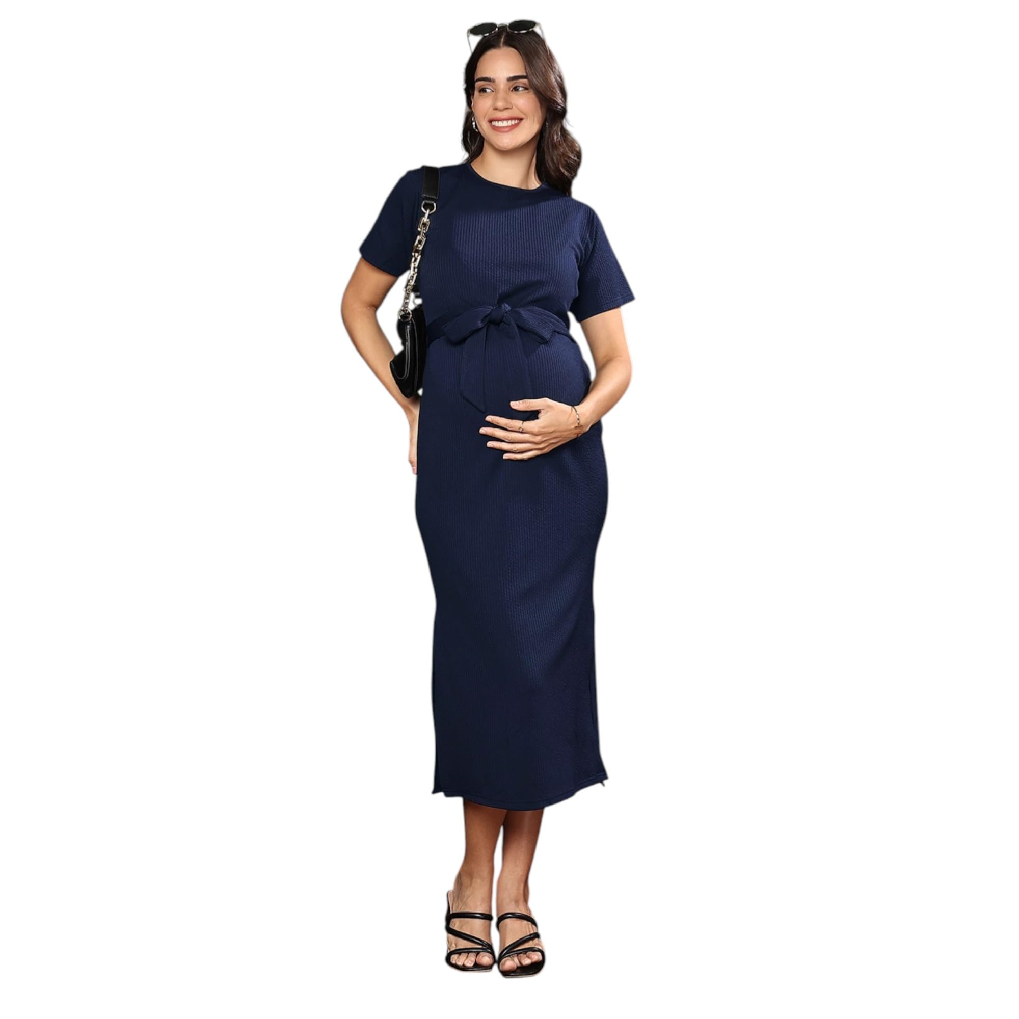 momtobe Women's Bodycon Calf Length Polyester Maternity Dress for Pre and Post Pregnancy (Indigo Blue ; Medium)-picture-18
