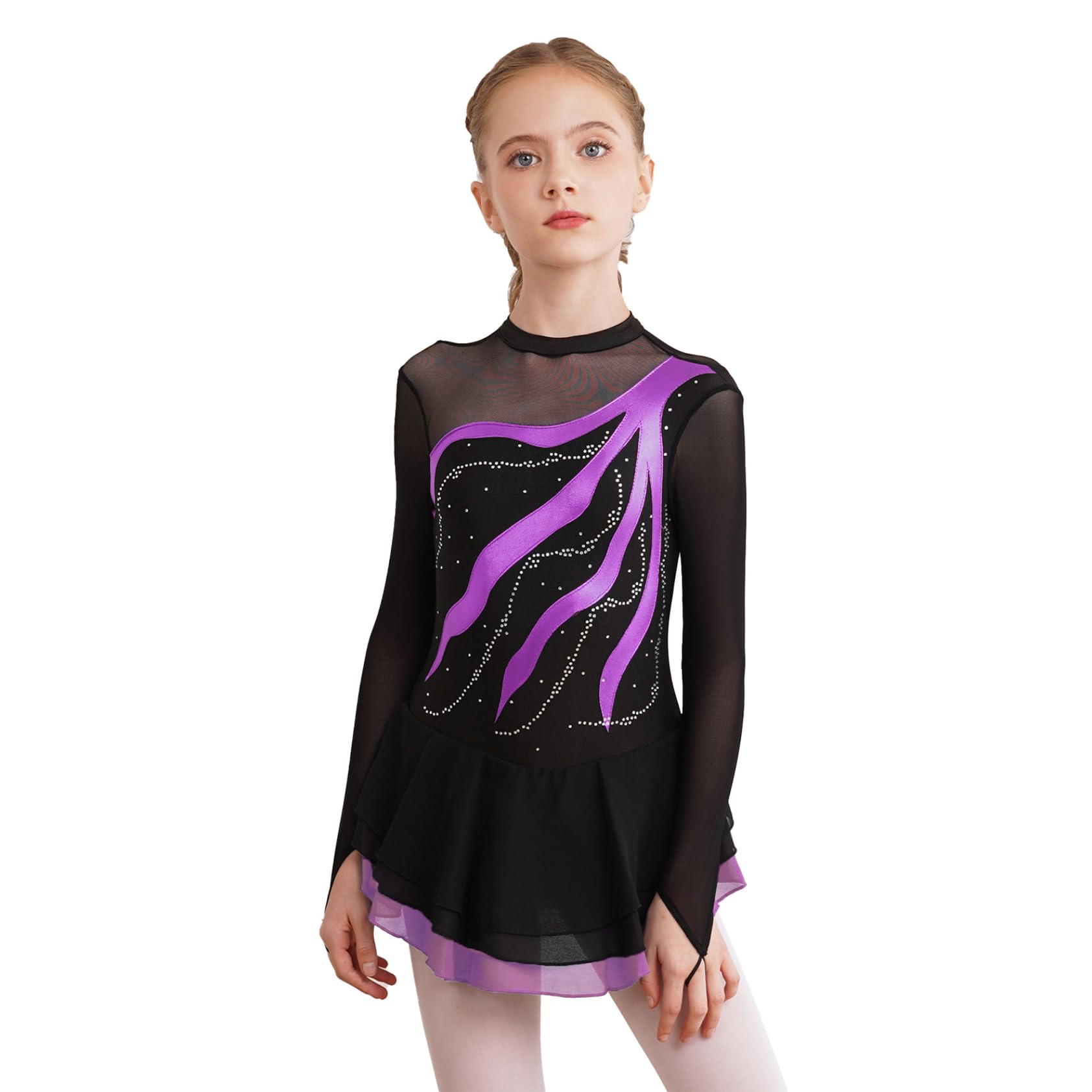 Bambino Ragazza Vestito Pattinaggio Di Artistico Strass Manica Lunga Body Vestito Concorso Spettacolo