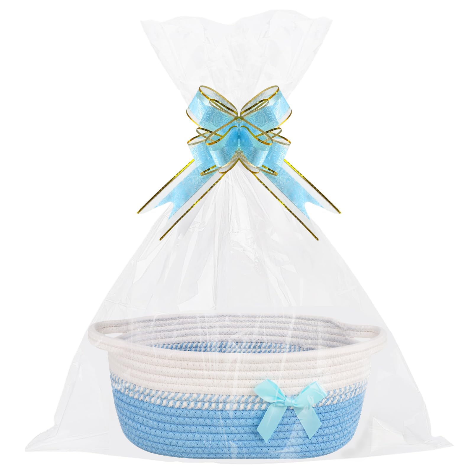 Lotvic Gift Basket, Hamper Kit, Empty Hamper Basket with Cellophane Bags and Pull Bows, Gift Baskets with Handles, Woven Gift Baskets for Baby Shower, Wedding, Birthday, Housewarming (Blue & White)