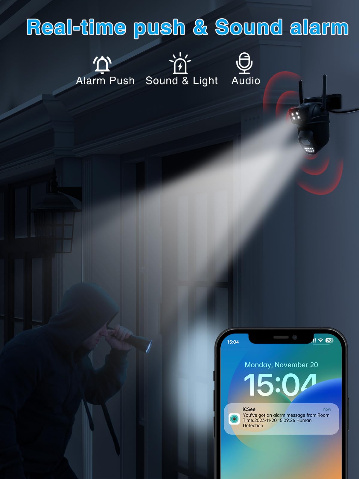 Reobiux 2.5K 6MP Telecamera Wi-Fi Esterno, 360° PTZ Videocamera Sorveglianza Esterno con Doppia Lente, Colori Visione Notturna, Tracciamento Automatico, Registrazione 24/7, IP66(2P)