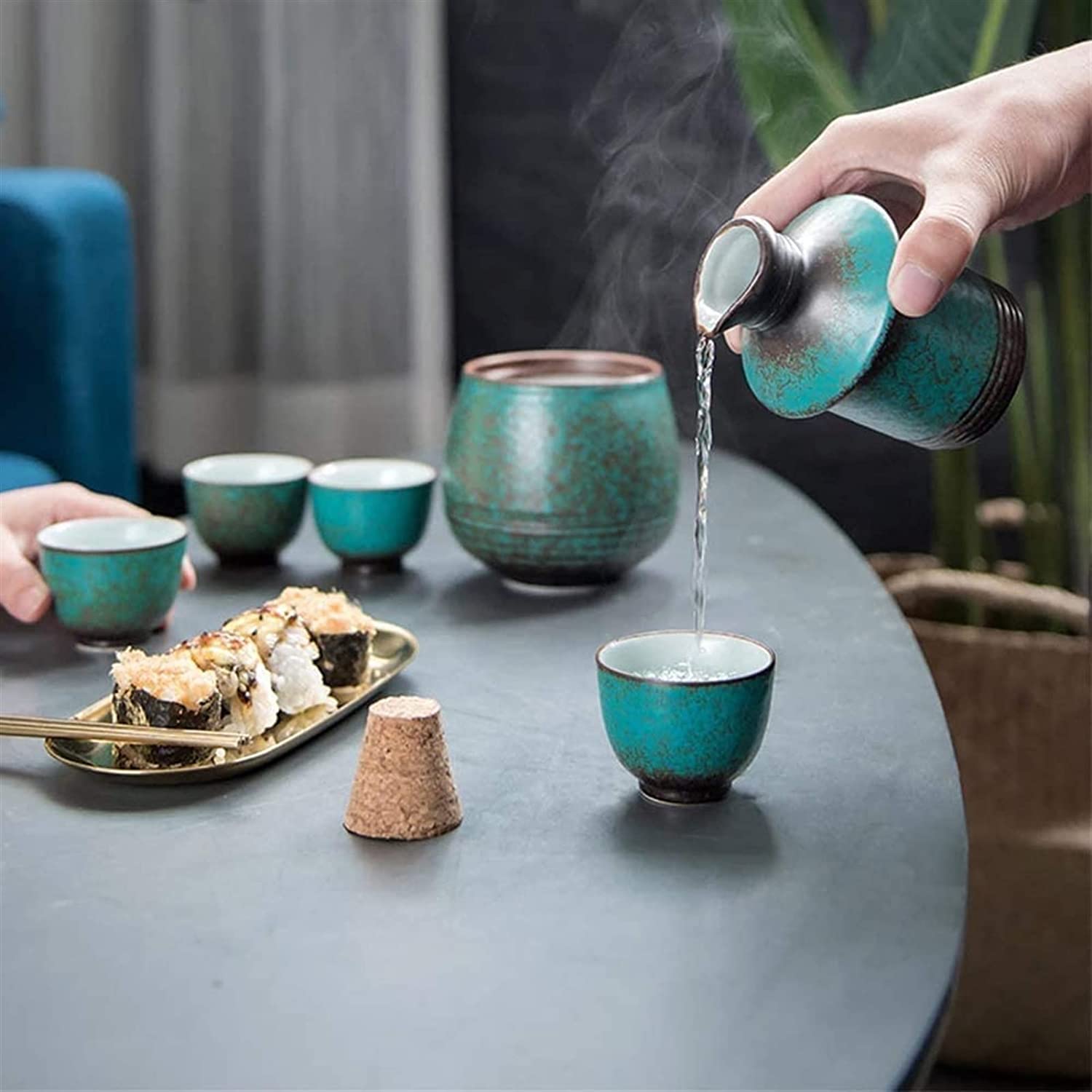 Set da 6 Pezzi for Sake con pentola più Calda, Set di Bicchieri da Vino in Ceramica con Smalto Blu, consistenza pittoresca, for Freddo/Caldo/Shochu/tè, miglior Regalo for la Famiglia e Gli amici/121