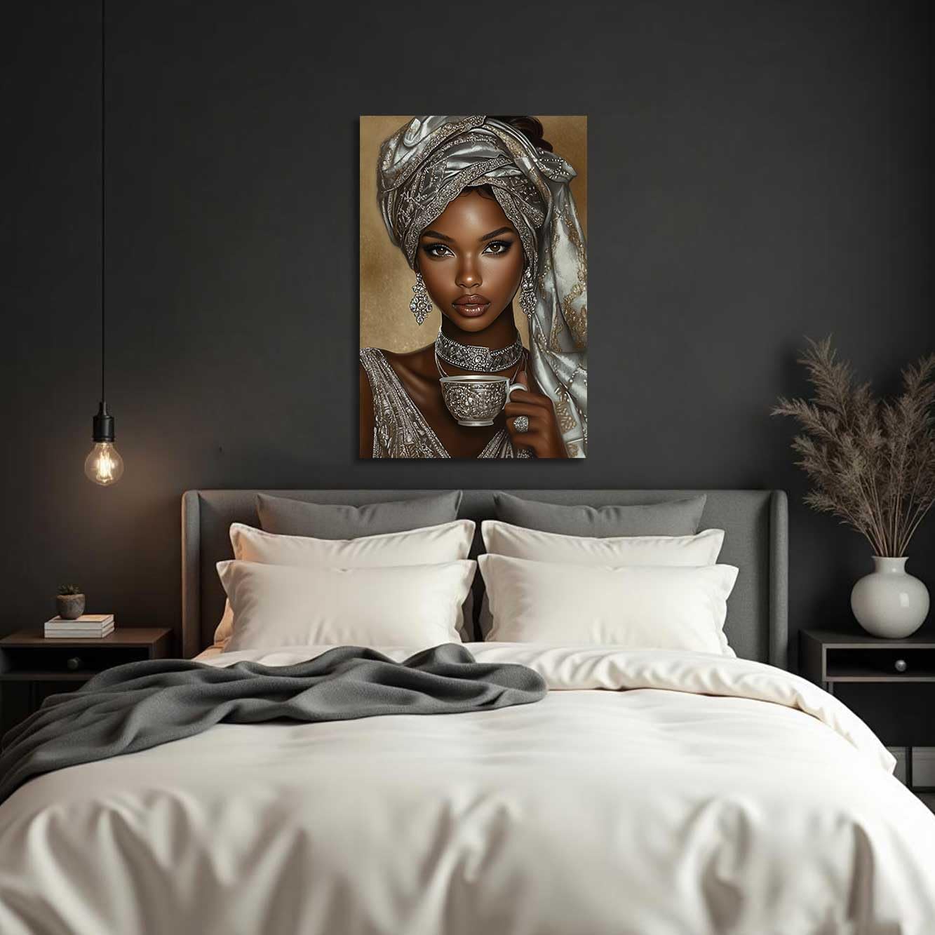 ZSHDEYMTOP African American Canvas Wall Art Black Woman Drinking Coffee Picture Prints African Girl Wearing Silver Headdress Painting Black Girl Poster Decor (Brown, (18L x 12W))
