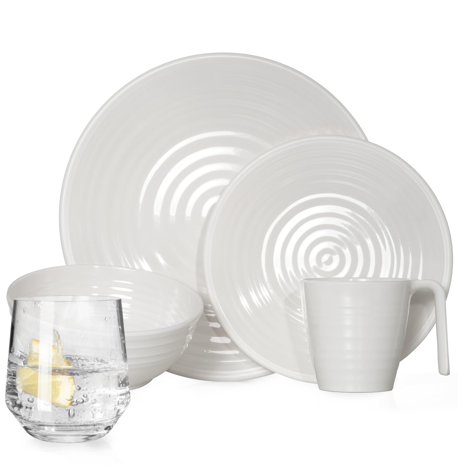 Vajilla de melamina para camping, 4 personas, diseño crema, 16 piezas + 4 vasos Milano de vasos de agua, vajilla de pícnic, barbacoa