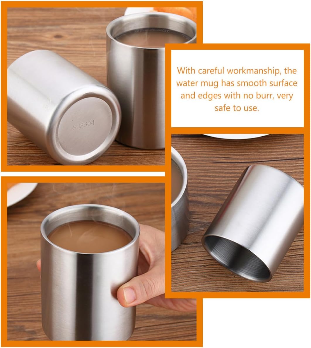 GALPADA Double Wall Stainless Steel Water Cup 260ml, Brushed Metal Insulated Coffee Mug for Camping and Daily Use, Sturdy Handleless Beverage Cup for Hot and Cold Drinks