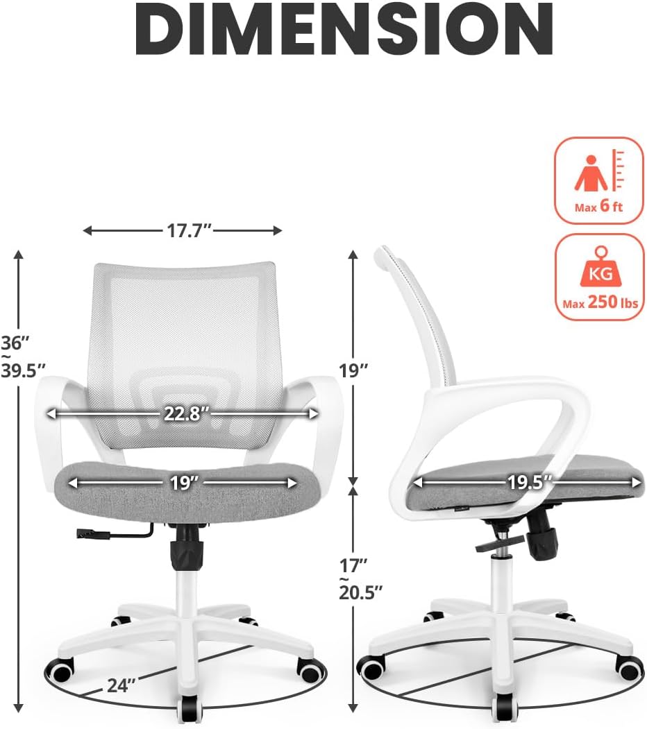NEO CHAIR Office Desk Computer Chair Ergonomic Mesh Gaming Cushion Seat with Comfy Lumbar Mid Back Support Adjustable Height Swivel Rolling Wheels for Home Task (Grey)