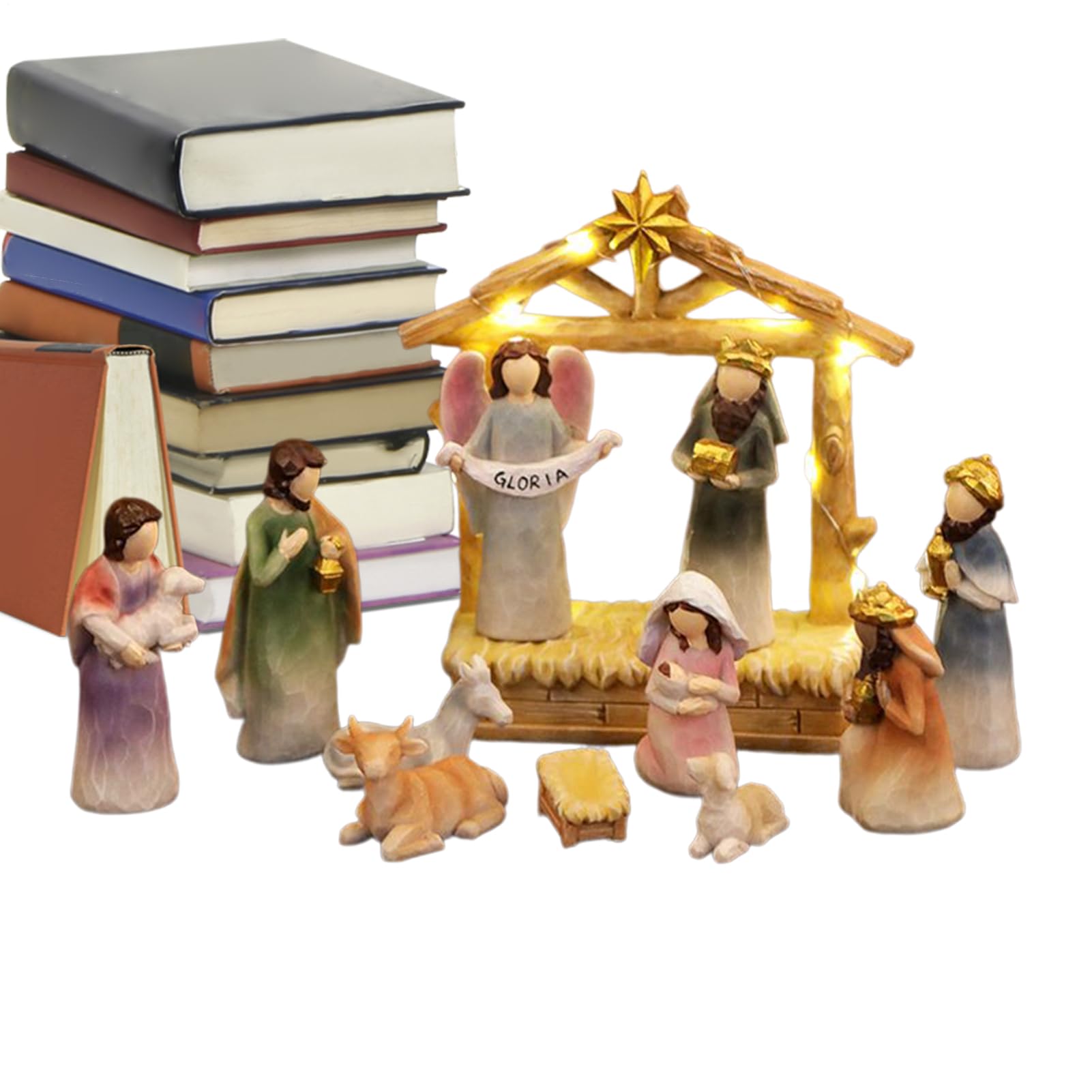 Générique Crèche De Noël 12 Figurines Religieuses | Statue Sainte Et Crèche Jésus Pour Table Bibliothèque Cheminée Salon Chambre