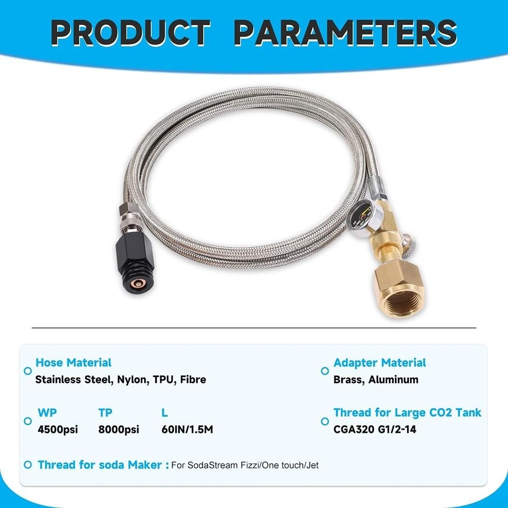 Adaptateur direct pour bouteille de gaz CGA-320 vers TR21-4 de 152 cm | Tuyau haute pression en acier inoxydable, manomètre et valve de purge pour machines à gazéifier Sodastream, Drinkmate, Aarke,