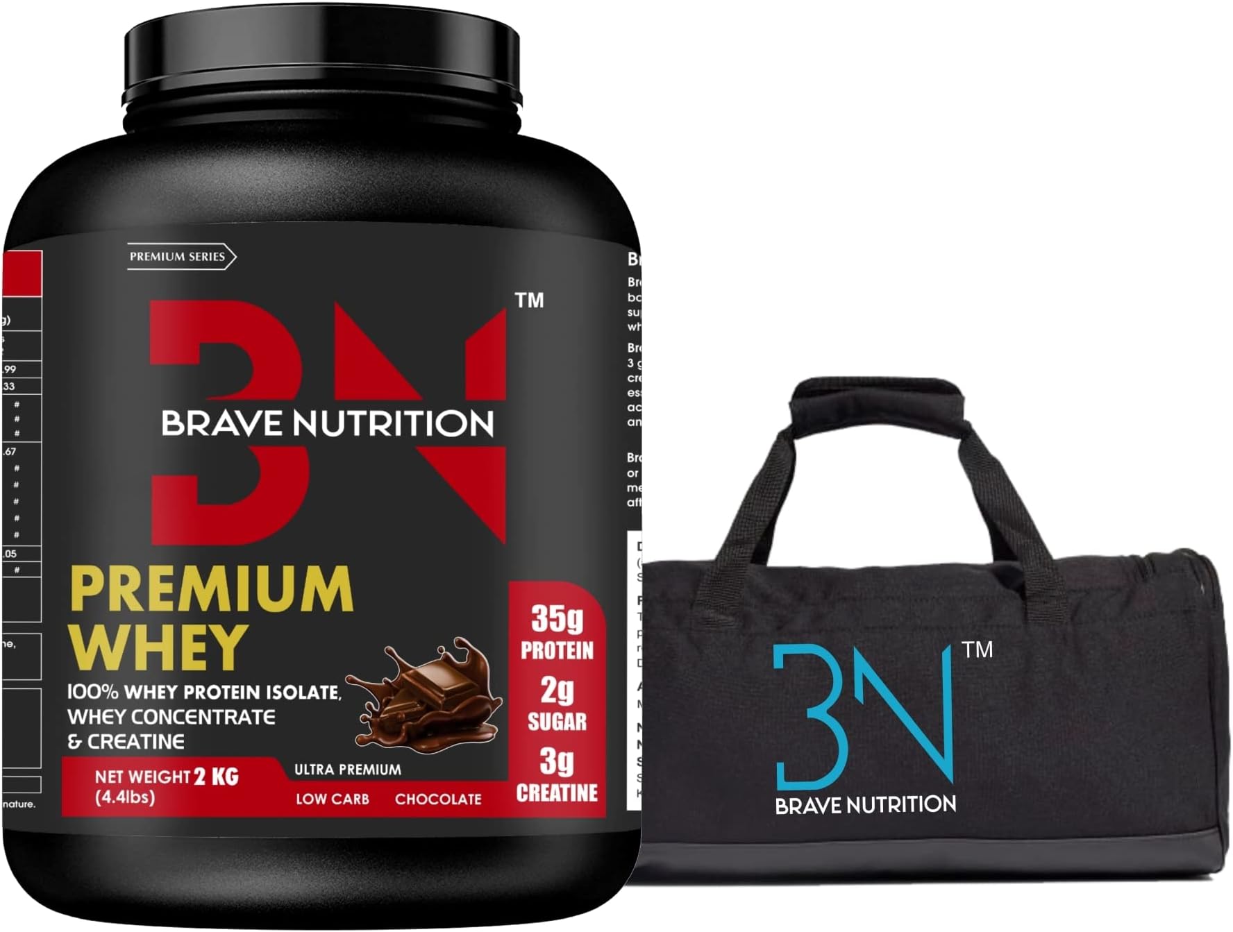 Brave Nutrition Whey Protein Isolate Blend - 35g Protein, 3g Creatine Monohydrate | Lean Protein Powder for Muscle Gain | Sports Nutrition | Muscle Builder Whey Concentrate Protein Powder for Men & Women [2Kg, Chocolate] Free Gym Bag
