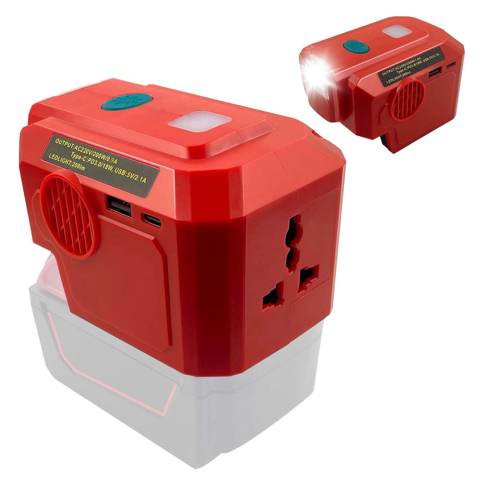 Convertitore per Einhell 18V Batterie, 200W 18V CC a 220 V CA, Adattatore Convertitore per Batterie a Onda Sinusoidale Pura con Lampada LED USB-C 200LM e Prese 230V Inverter per Campeggio