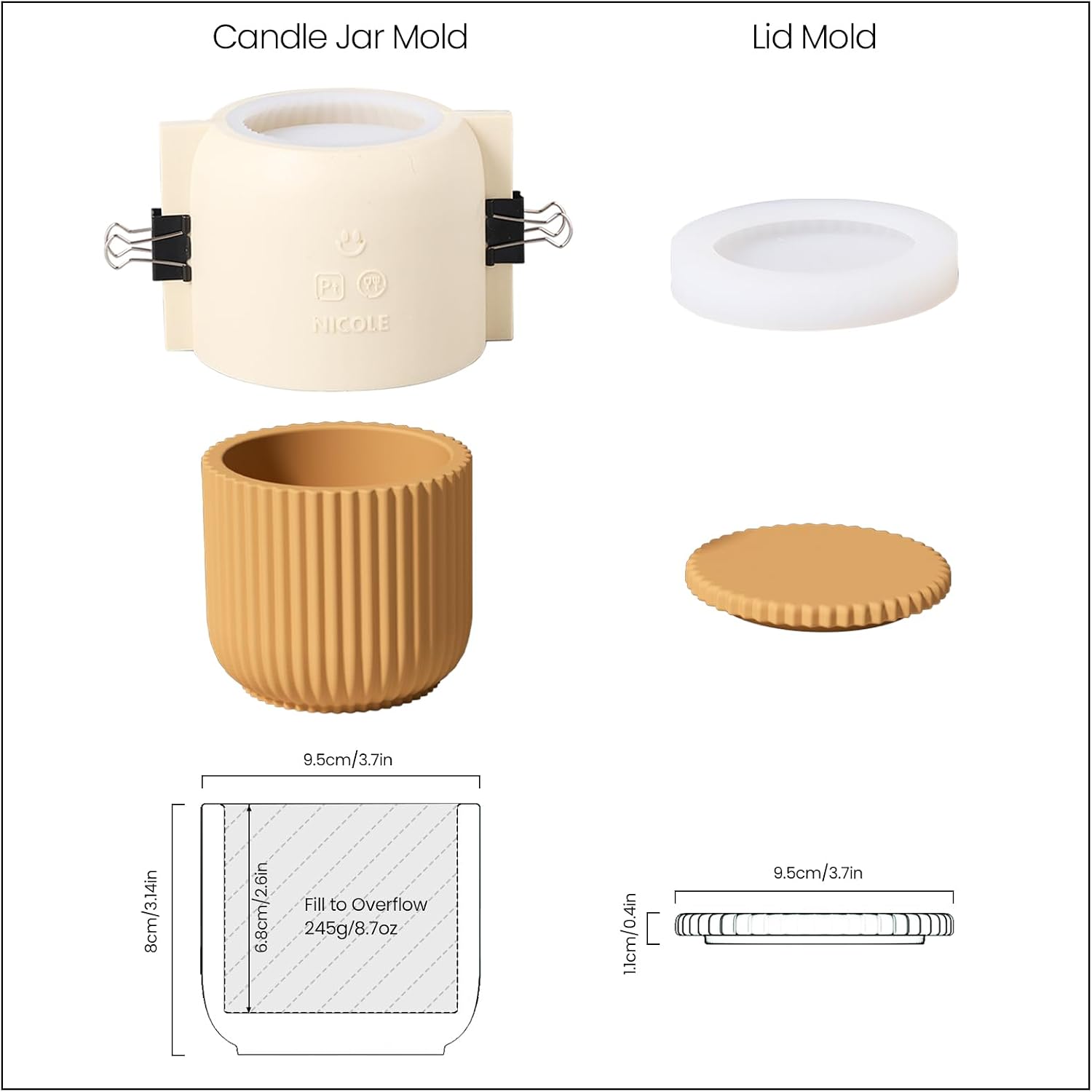 Boowan Nicole Carousel Ridged Candle Jar Silicone Molds for Concrete Cement Candle Jar Molds with 6oz Candle Tin DIY Storage Home Decoration (SH1031-1-3+2)