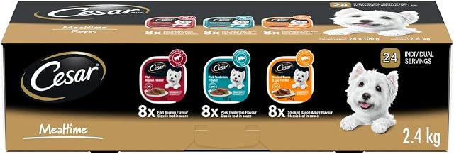 CESAR Classic Loaf in Sauce Adult Wet Dog Food Mealtime Variety Pack, with 8 Filet Mignon, 8 Pork Tenderloin & 8 Smoked Bacon & Egg Flavours, 24x100g Trays