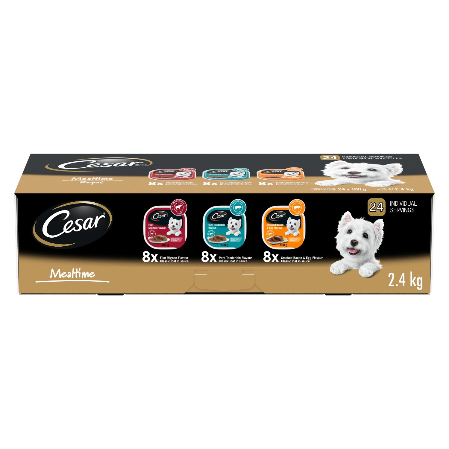 CESAR Classic Loaf in Sauce Adult Wet Dog Food Mealtime Variety Pack, with 8 Filet Mignon, 8 Pork Tenderloin & 8 Smoked Bacon & Egg Flavours, 24x100g Trays image 7