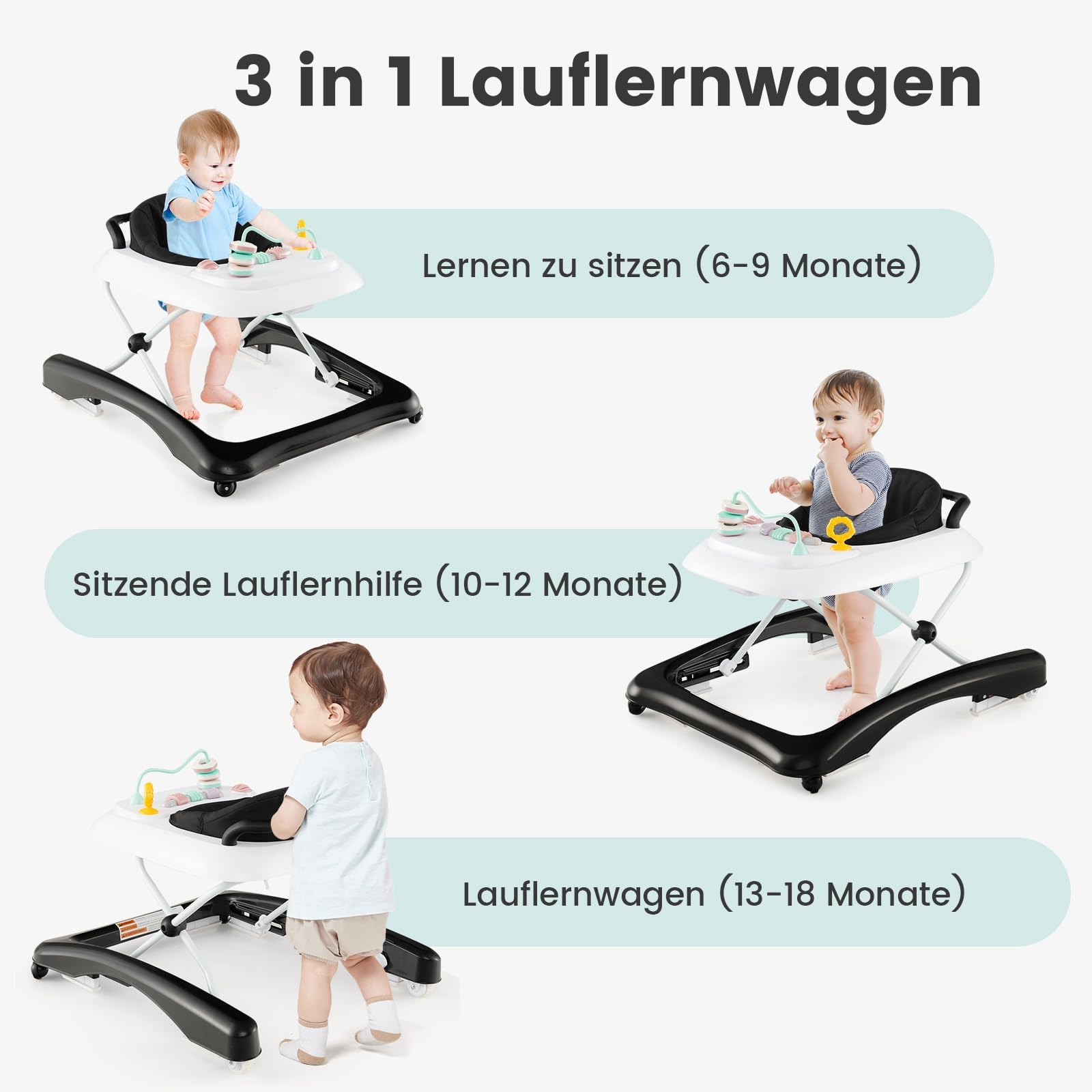 COSTWAY 3 in 1 Lauflernhilfe klappbar, Lauflernwagen mit verstellbarer Höhen & Geschwindigkeit, Baby Walker mit abnehmbarer Spielplatte, Laufwagen gehfrei Baby ab 6 Monaten (Schwarz)