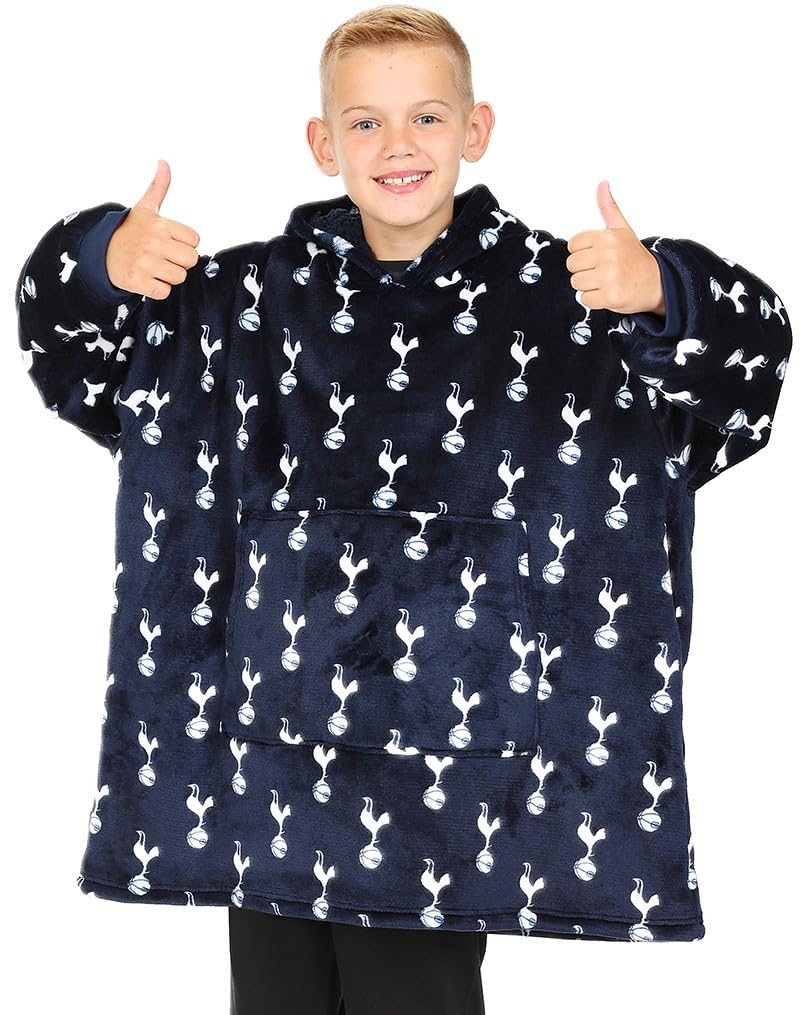 Tottenham Hotspur Boys Blue Football Club Fully Lined Luxury Fleece Hoodie, Oversized Spurs Fleece Blanket Hoody 7-13 Years
