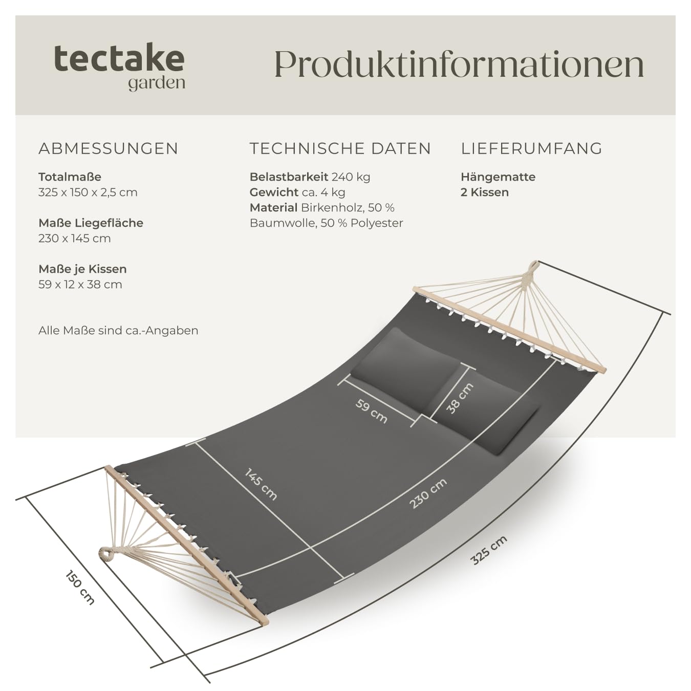 tectake® Doppel Hängematte Outdoor, XXL Stoff Schaukeltuch, Sonnenliege 2 Personen inkl. Kissen, Schaukel Outdoor mit Liege Fläche ca. 230x145cm, bis 240kg belastbar, Hängeschaukel - dunkelgrau