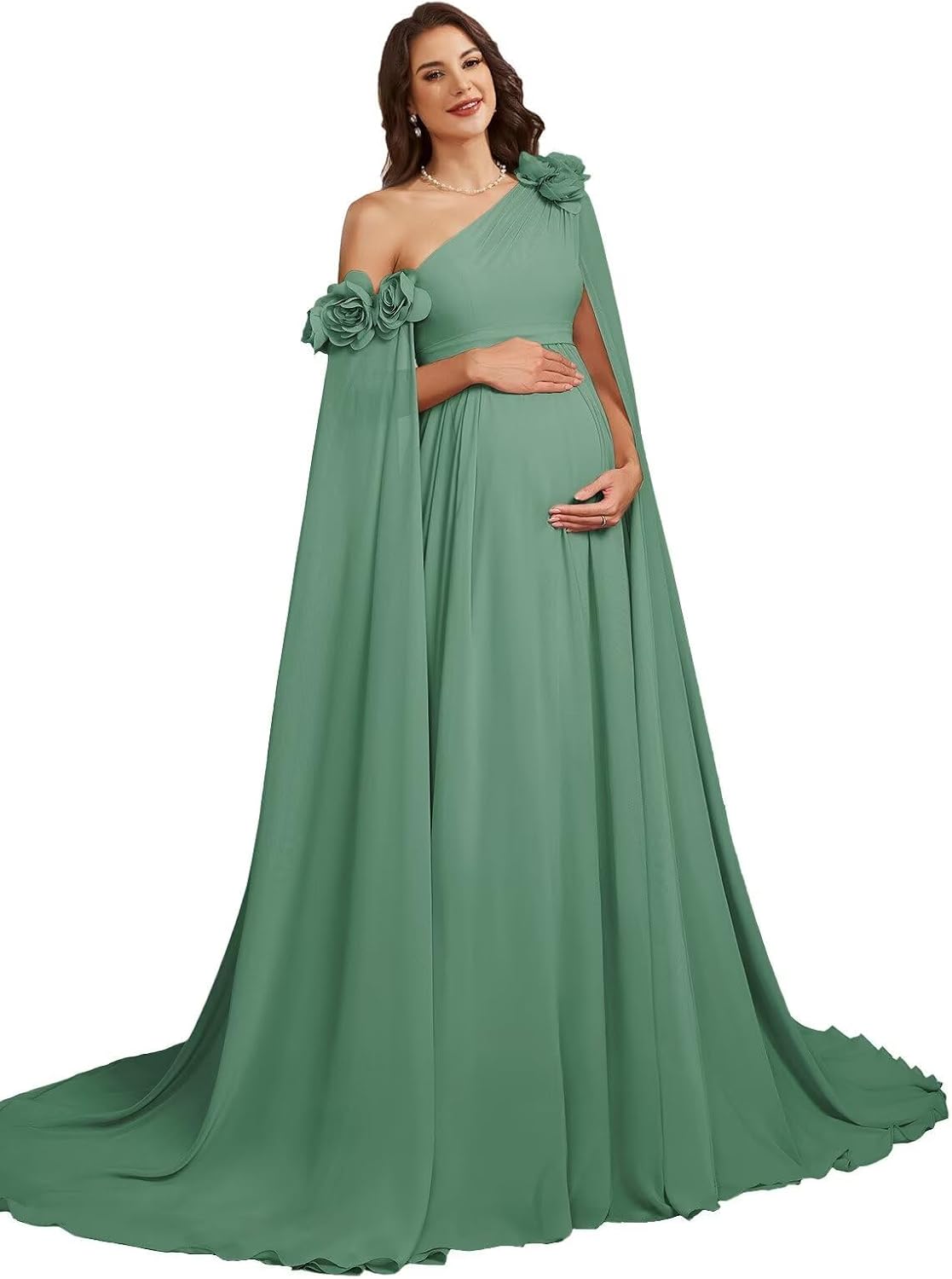 3D Flower Maternity Photoshoot Dresses One Shoulder Chiffon A Line Long Robe for Baby Shower Ruffles Pregnancy Dress
