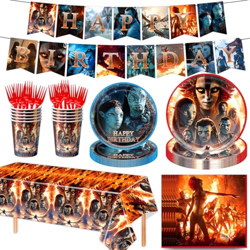 62 Pcs Blue Dream Theme Happy Birthday Decorations Movie Theme Party Supplies This set Includes: 1 Banner 10 Dinner Plates 10 Dessert Plates 10 Paper Cups 10 Forks 20 Napkins and 1 Tablecloth.
