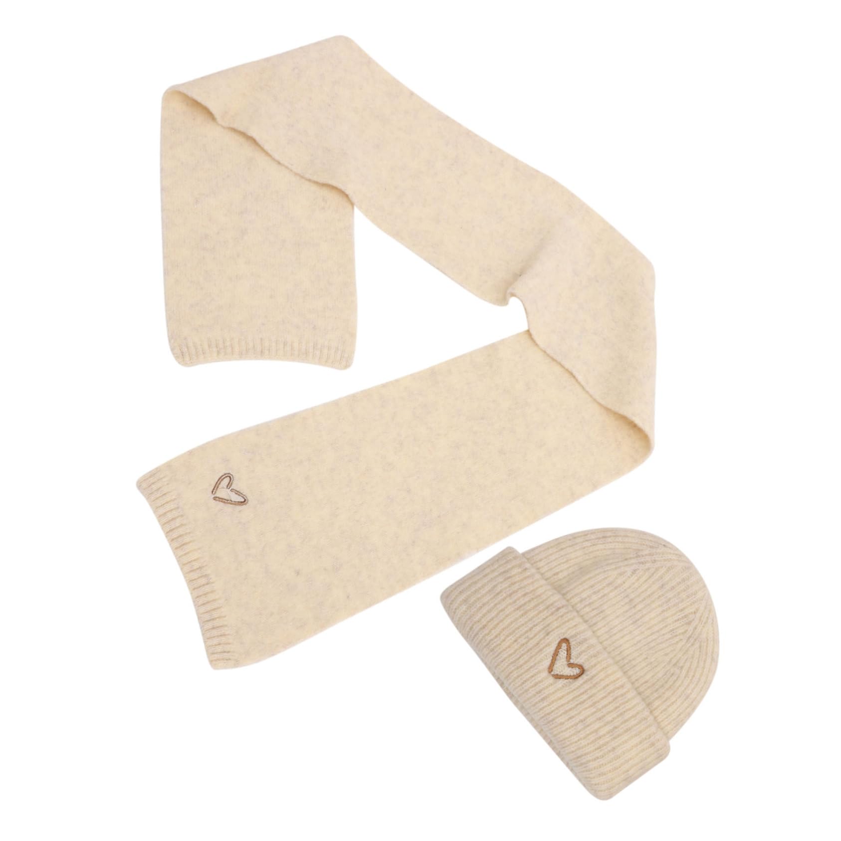 TENDYCOCO Warm Hat Scarf Set for Girls Little Girl Cap Scarf Embroidered Heart Style White