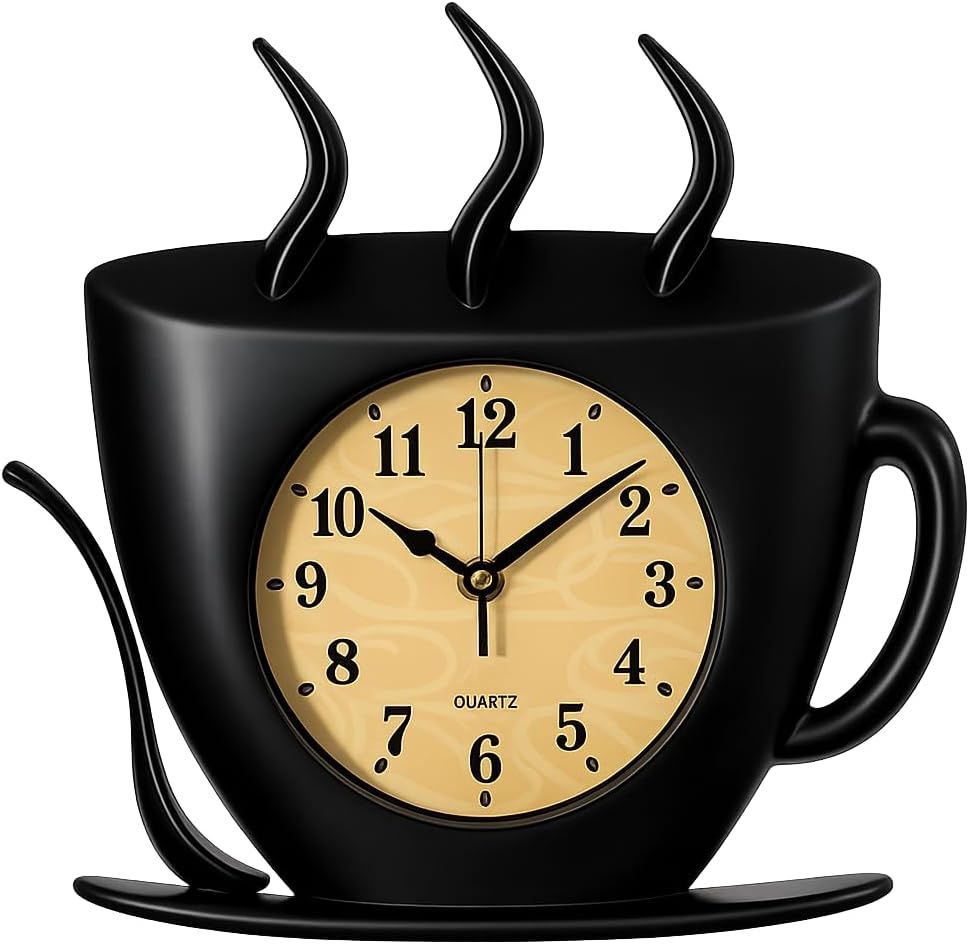 Clockswise Coffee Cup Wall Clock Battery-Operated Quartz Timepiece Decorative Accent for Kitchen Coffee Bar Cafe Restaurant Dining Room and Breakfast Nook, Ideal for Home & Office Decor, Black