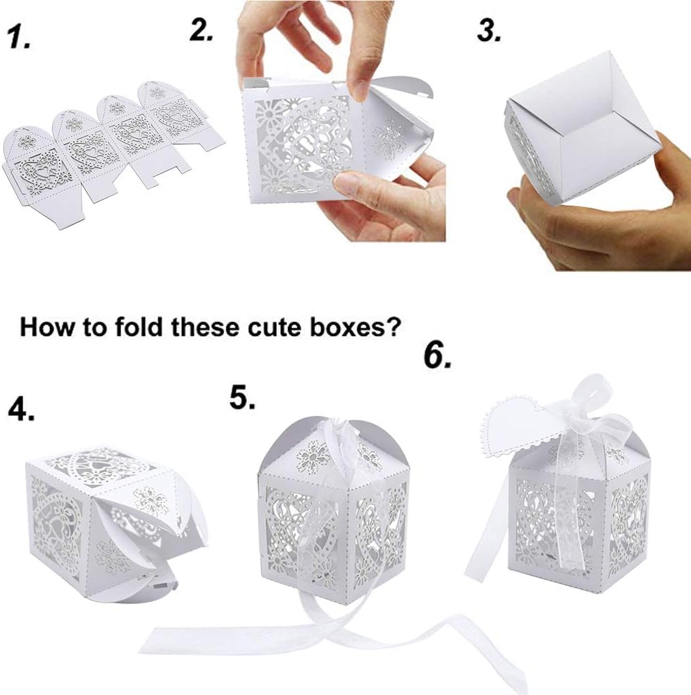 Exclusive 100 Pcs Party Favor Box,Pearl White Paper Laser Cut Heart Gift Candy Box,Wedding Decoration with 100 Ribbon and 100 Blank Love Heart Tags