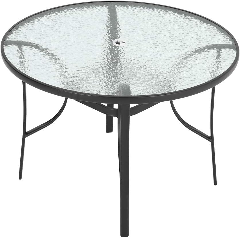 DKIEI φ105cm Round Outdoor Dining Table with Parasol Hole, Glass Top