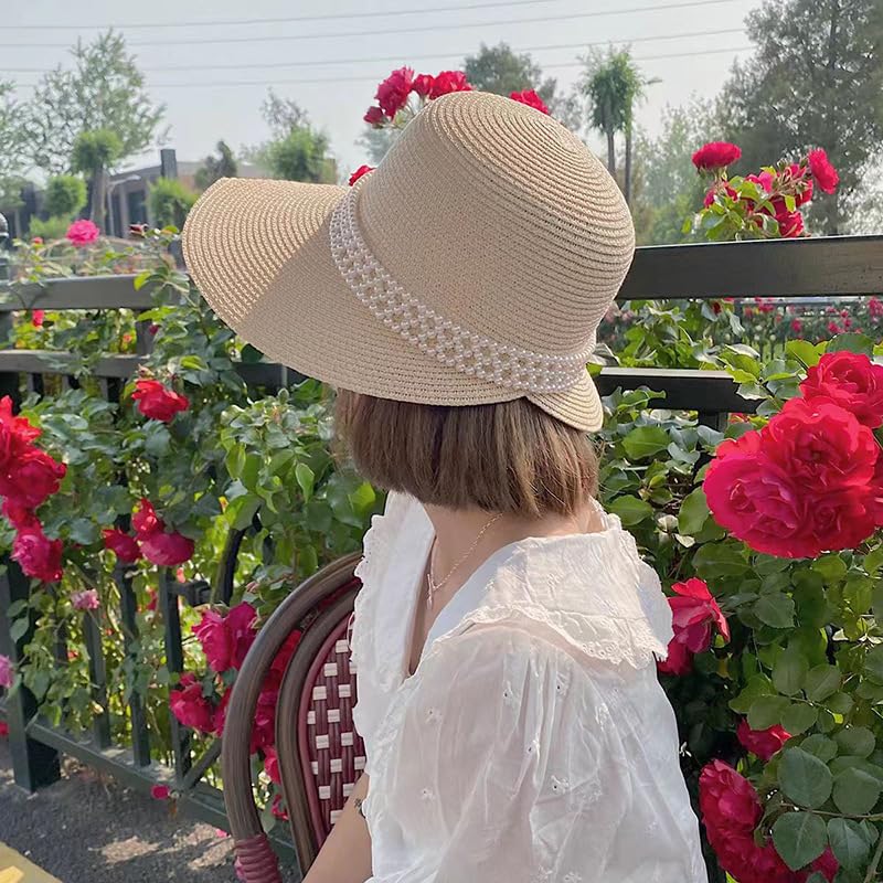 Cappello Estivo Traspirante a Tesa Larga in Paglia per Donna,Cappelli da Sole in Paglia Intrecciata con Protezione Uv e Perle,Cappello da Spiaggia Leggero per Giardino,Viaggio,Attività All'Aperto