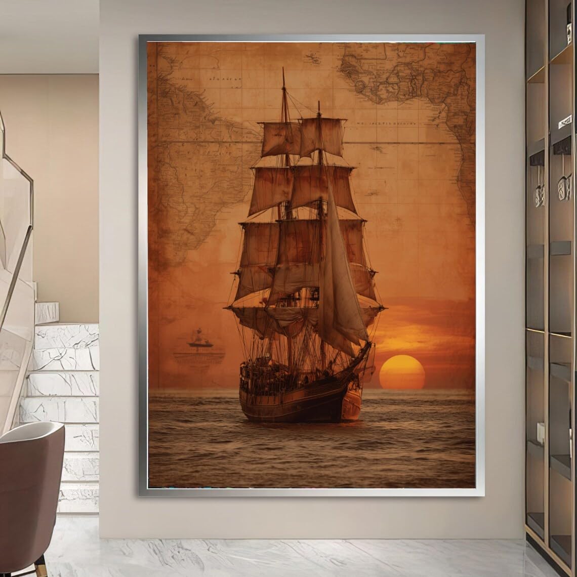 Lienzo con diseño de velero antiguo, mapa antiguo, arte mural marítimo, decoración náutica, escena de puesta de sol en el océano, lienzo con diseño de embarcación histórica (80x120cm/sin marco)