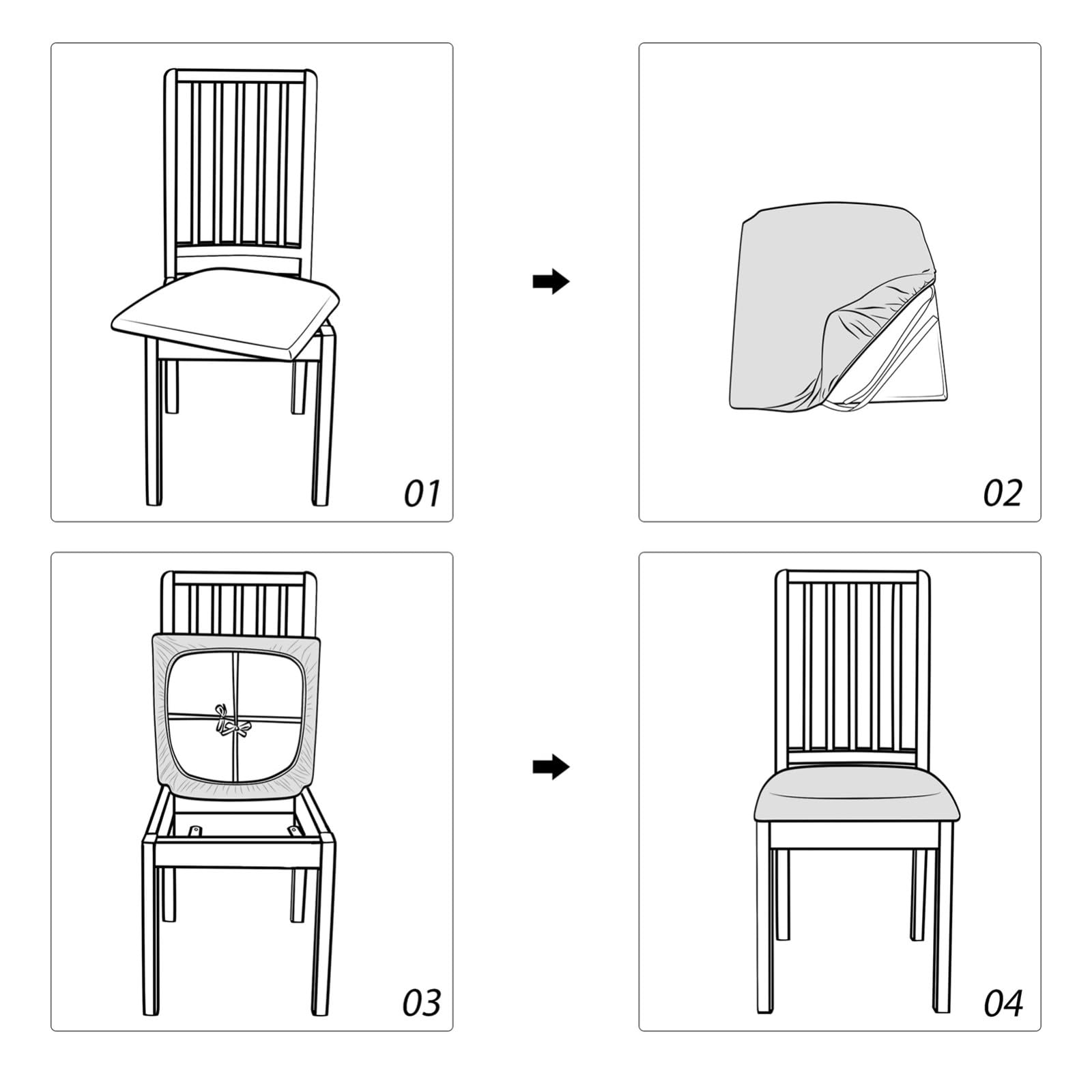 Sitzbezüge für Esszimmerstühle 2/4/6er-Set,Dehnbare Esszimmer Stuhlhussen mit Bändern,Rutschfester Möbelschutz für Küche Restaurant Hotel(Black,6Pcs)