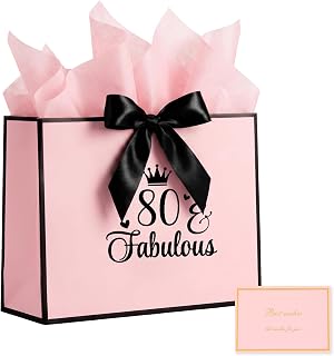 80th Birthday Gift Bag with Wrapping Paper and Card, 80th Birthdays Gift Bags for Women Men, Party Favors, Birthdays Decorations Paper Bag (Pink)