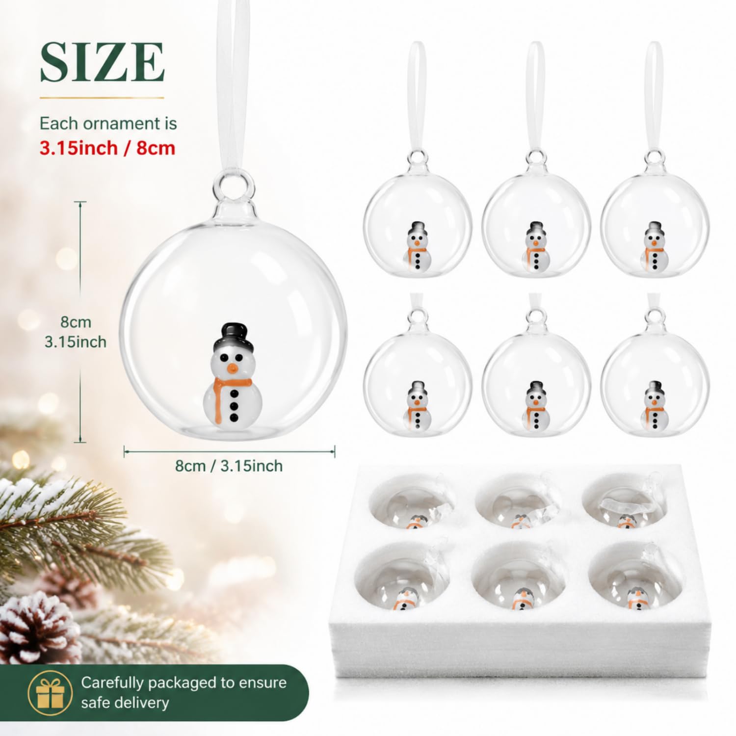 Tigeen Lot de 6 boules de Noël en verre - Cadeau de Noël - Bonhomme de | Décoration d'arbre transparente, icône 3D faite à la main, ruban prêt à accrocher, couronne d'arbre, décoration de fenêtre de