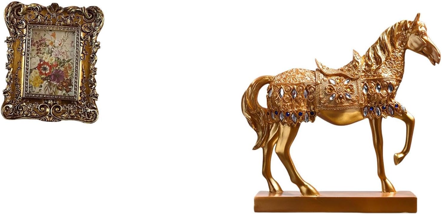 Hand Carved Floral Photo Frame with Horse Figurine Decoration Antique Picture Holder Tabletop Wall Mounted Animal Sculpture Resin Figurines for