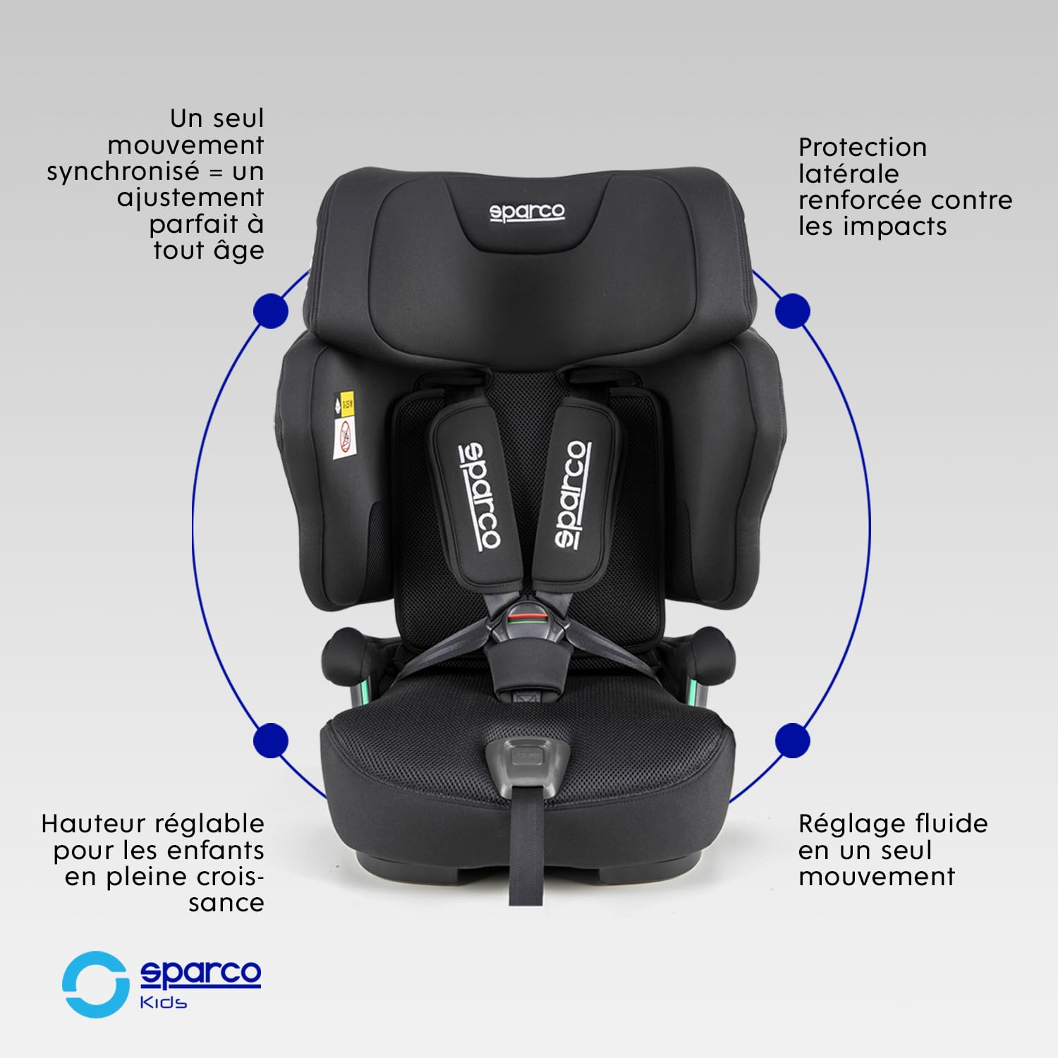 Siège auto Sparco i-Size SK8000IBK pour enfants de 76 à 150 cm, homologué ECE R129/04, avec ISOFIX et Top Tether, appuie-tête réglable, dossier rabattable et harnais à 5 points, couleur noire
