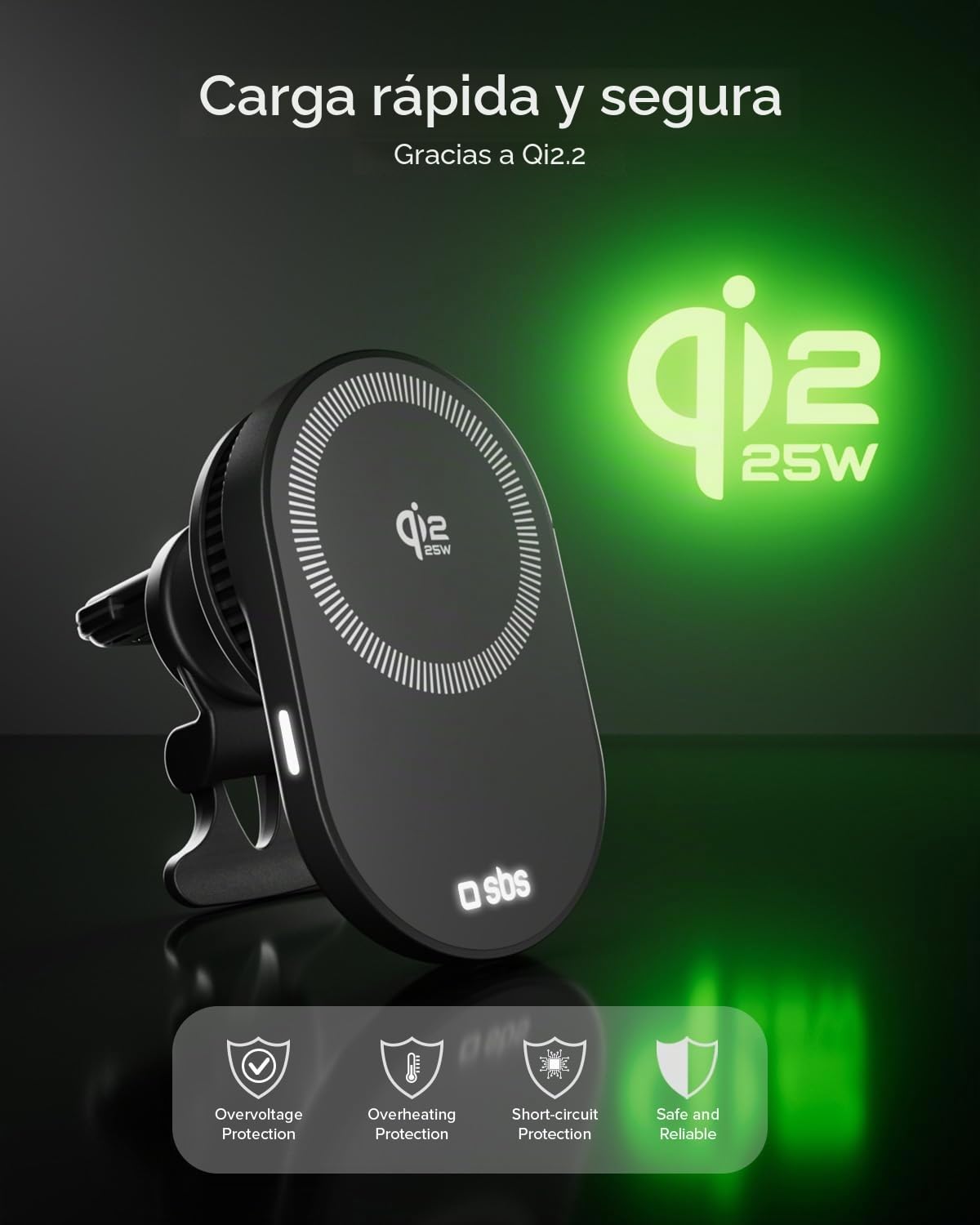 SBS Qi2 25W Cargador Wireless MagSafe, Soporte de Móvil para Coche Magnético, Montaje en Rejilla de Ventilación, Carga Rápida, Alimentación USB-C, Cargador para iPhone, Android, Negro