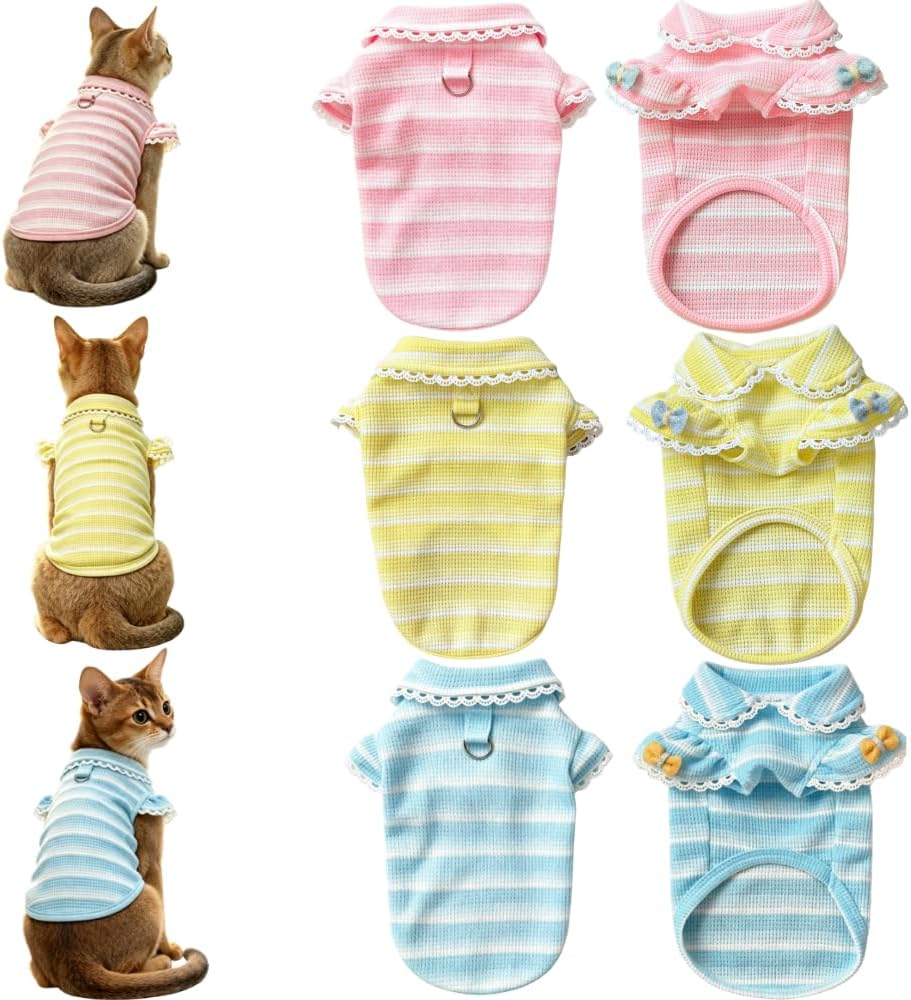 3 Pack Striped Waffle Knit Kitten Tank Bundle with Back D-Ring, Lace Ruffle Bubble Sleeve Summer Tops for Cats Kitty (Small)