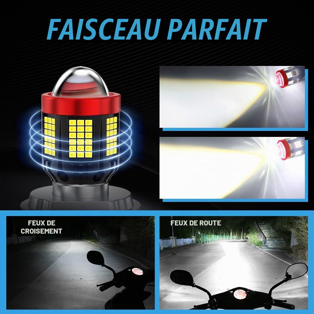 H4 LED Ampoule de phare de moto blanc, 2800 lm, luminosité 300% HB2 9003 H4, kit de conversion tout-en-un à faisceau haut/bas pour moto scooter 12-80V