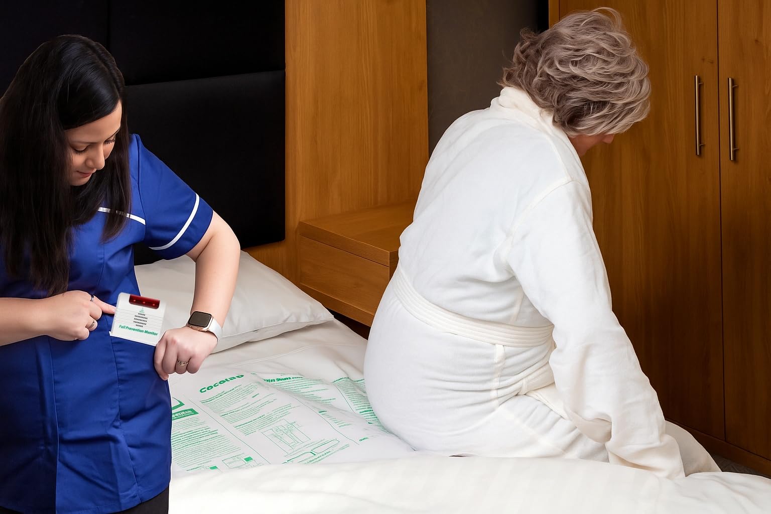 Wireless bed exit alarm with long term bed sensor pad (no alarm in patient's room.