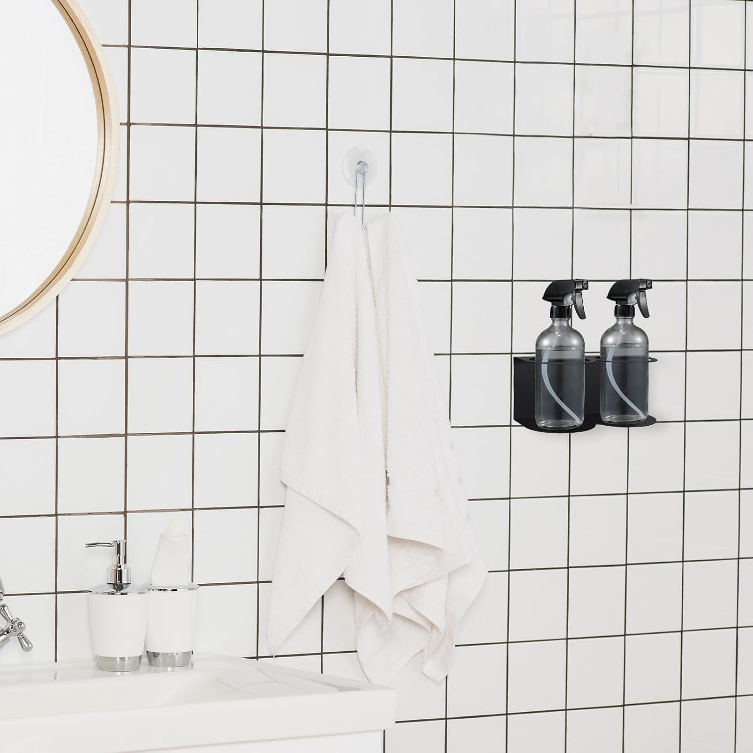 Tandefio 4 Pcs Spray Bottle Holder Metal Aerosol Bottle Holder Wall Mount Bottle Organizer Double Holes Spray Can Rack with Hardware Easy Install Storage Rack for Garage and Home