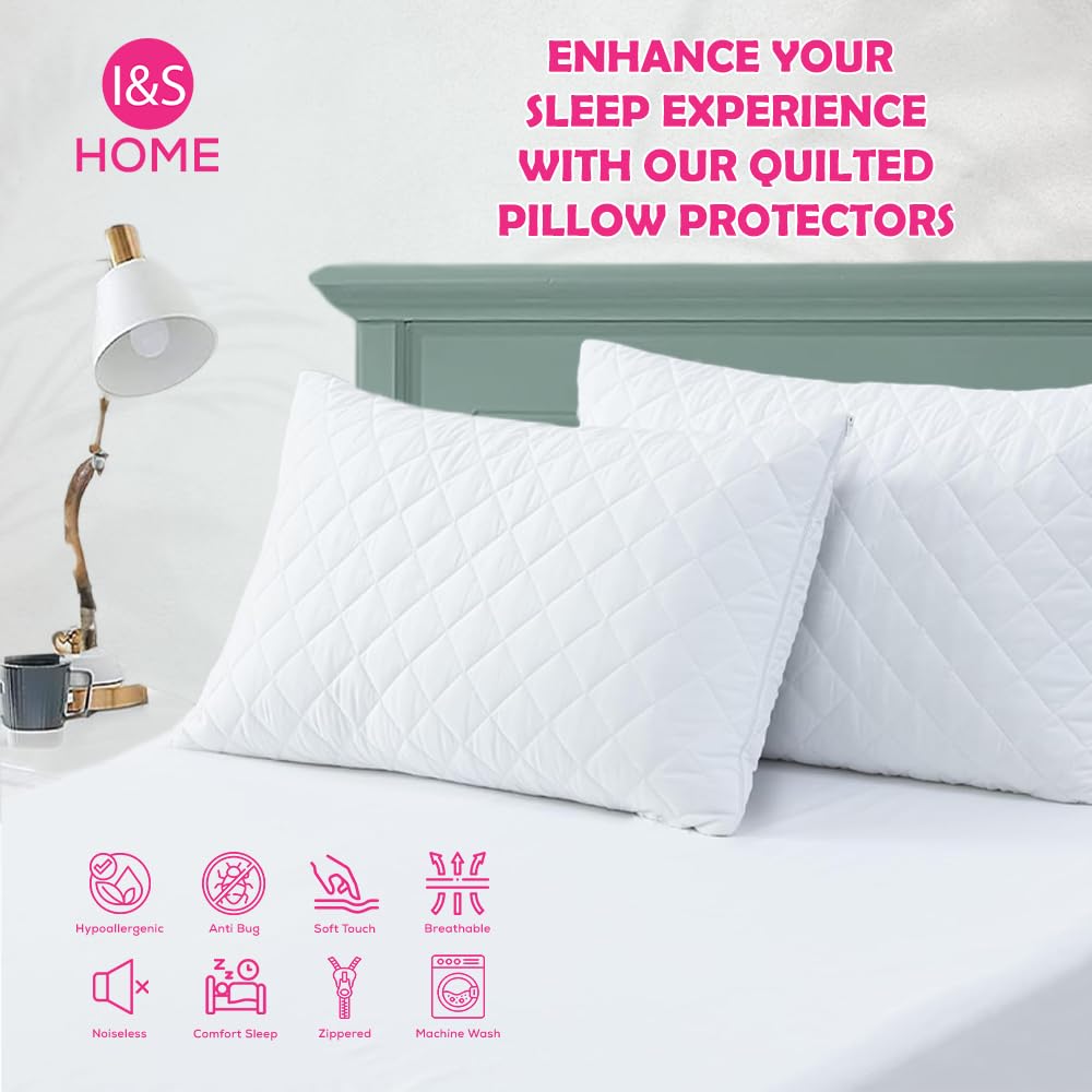 I&S HOME Paquete de 2 protectores de almohada acolchados con cremallera, 50 x 75 cm, fundas de almohada hipoalergénicas, transpirables, suaves, fundas de almohada con cremallera, color blanco