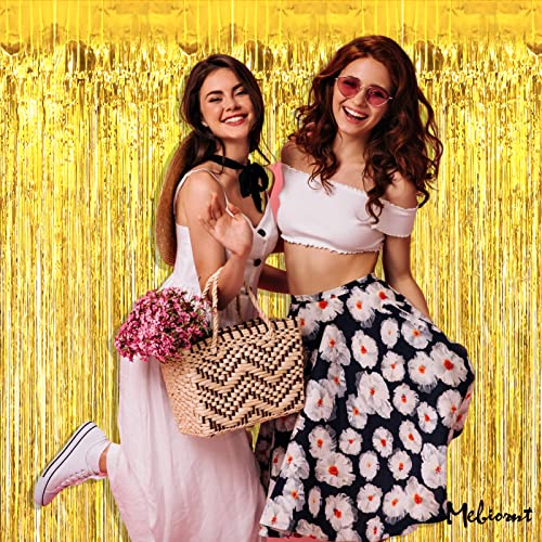 Image of 4 Pack Gold Fringe Curtain Backdrop, 3.2Ft x 6.6Ft Metallic Tinsel Foil Fringe Streamers Background for Photo Booth Birthday Wedding Baby Shower Carnival Easter Mother's Day Party Decorations
