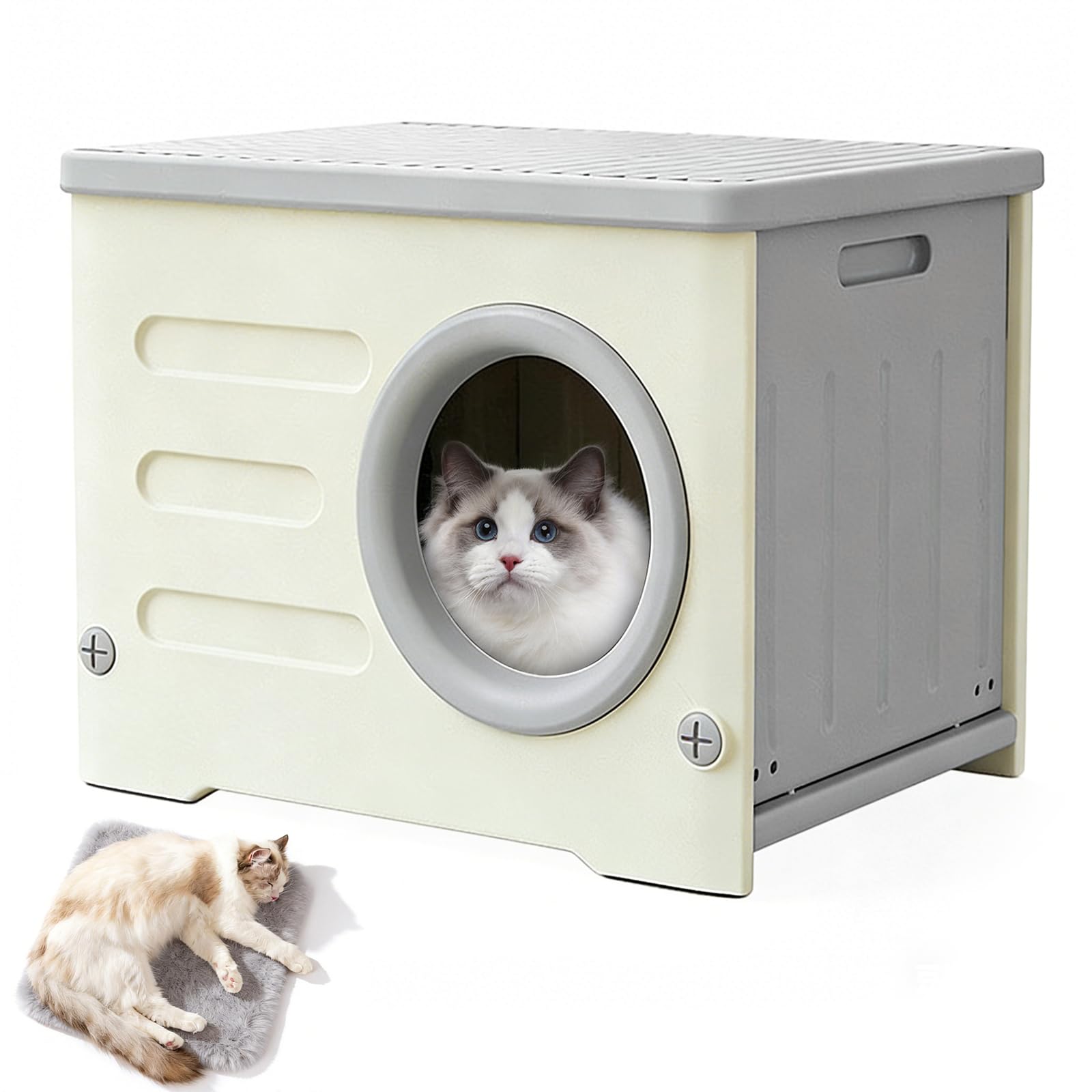 Waterproof Cat House Outdoor & Indoor, Semi-Enclosed HDPE Cat Shelter with Detachable Base - All-Weather Outdoor Cat Shelterfor Small Cats, Dogs, 54x41x31cm