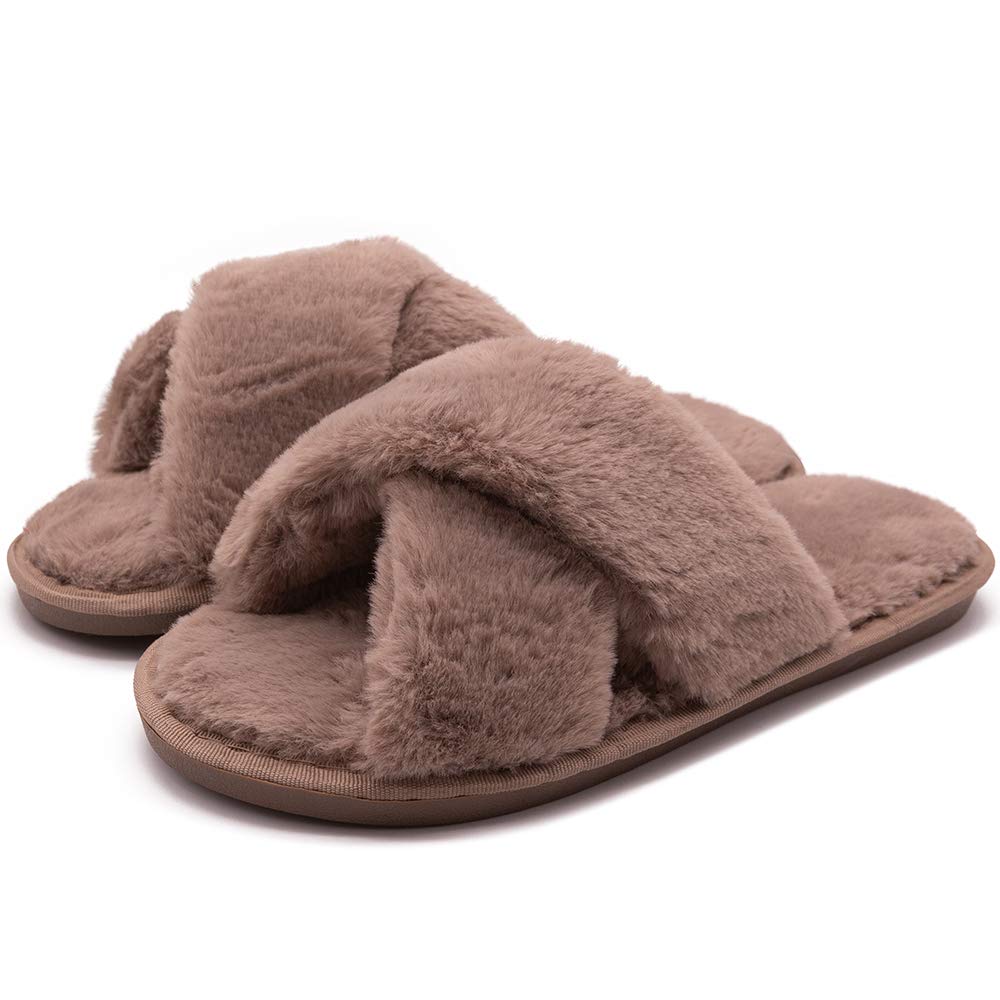 eccboxWomen's Fluffy Furry Fuzzy Slippers Cross Band Soft Plush Flat Slide Memory Foam House Slippers Open Toe Comfy Spa Indoor Outdoor Slip On
