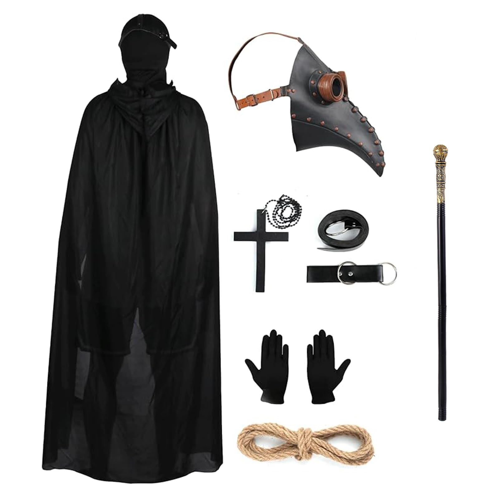 Conjunto de disfraz de Halloween, Máscara de pájaro de cuero retro, máscara gótica de médicos de la peste con máscara de cara completa, bastón negro con capucha, guantes de capa, collar cruzado