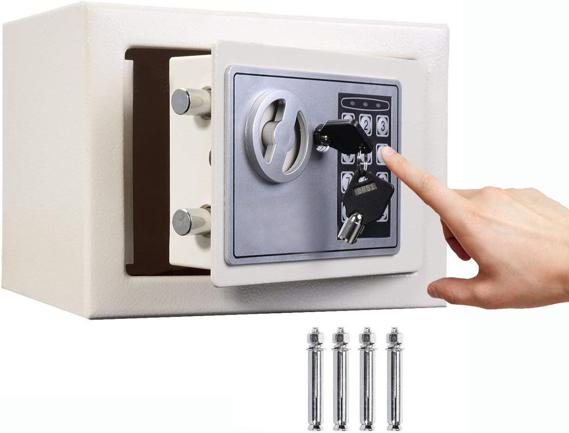 4.6L Digital Steel Safety Box Safe Electronic Security Coffer Safety Deposit Box Waterproof Fire Resistant 2 Manual Override Keys-Protect Money with Keypad Home Office Cash Money Passports White