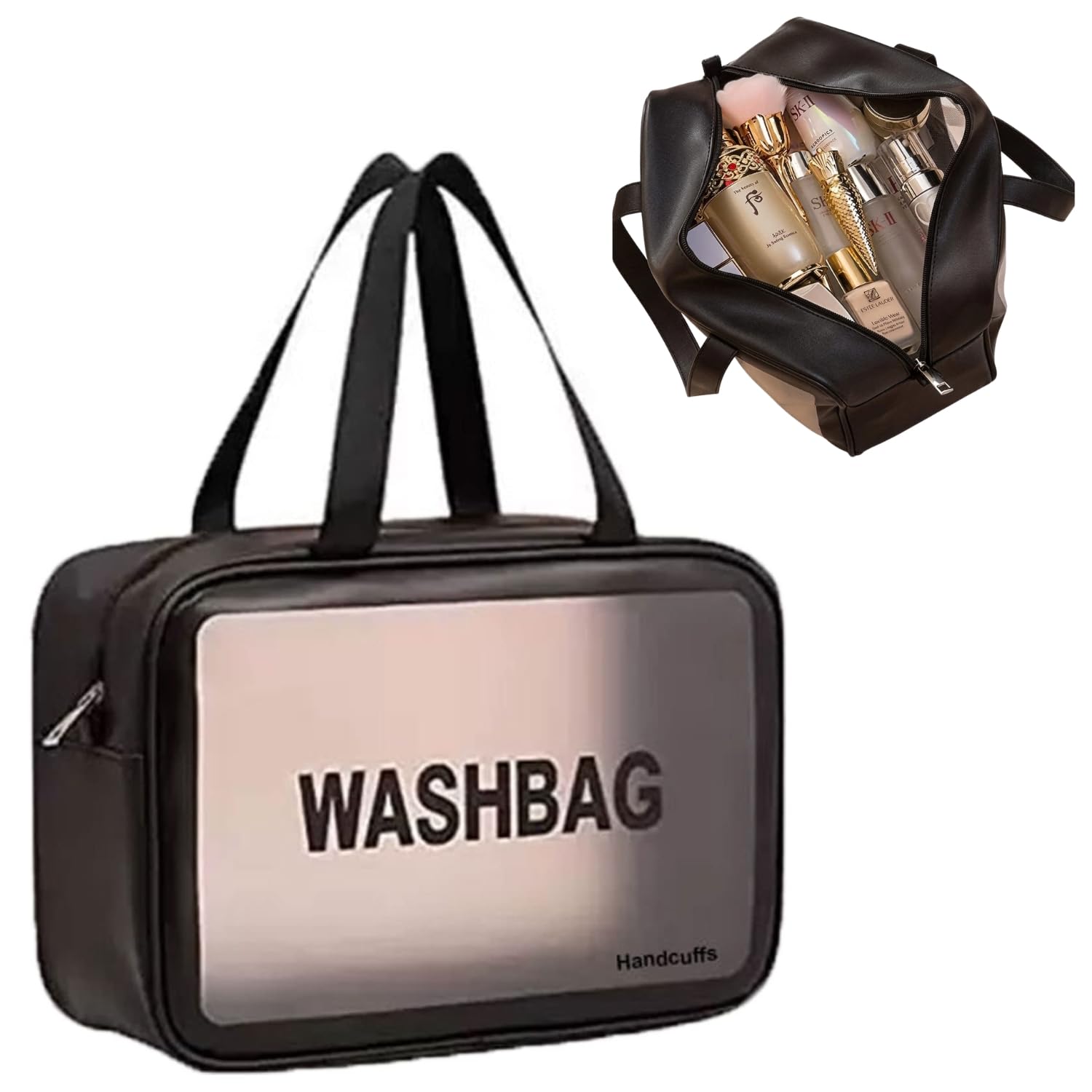 Handcuffs Cosmetic Bag for Women 3-Layer Zipper Makeup Organizer with Carry Handle for Travel & Home | Multipurpose Vanity Box for Toiletries Make Up Accessories Brushes & Cosmetics (Pink)