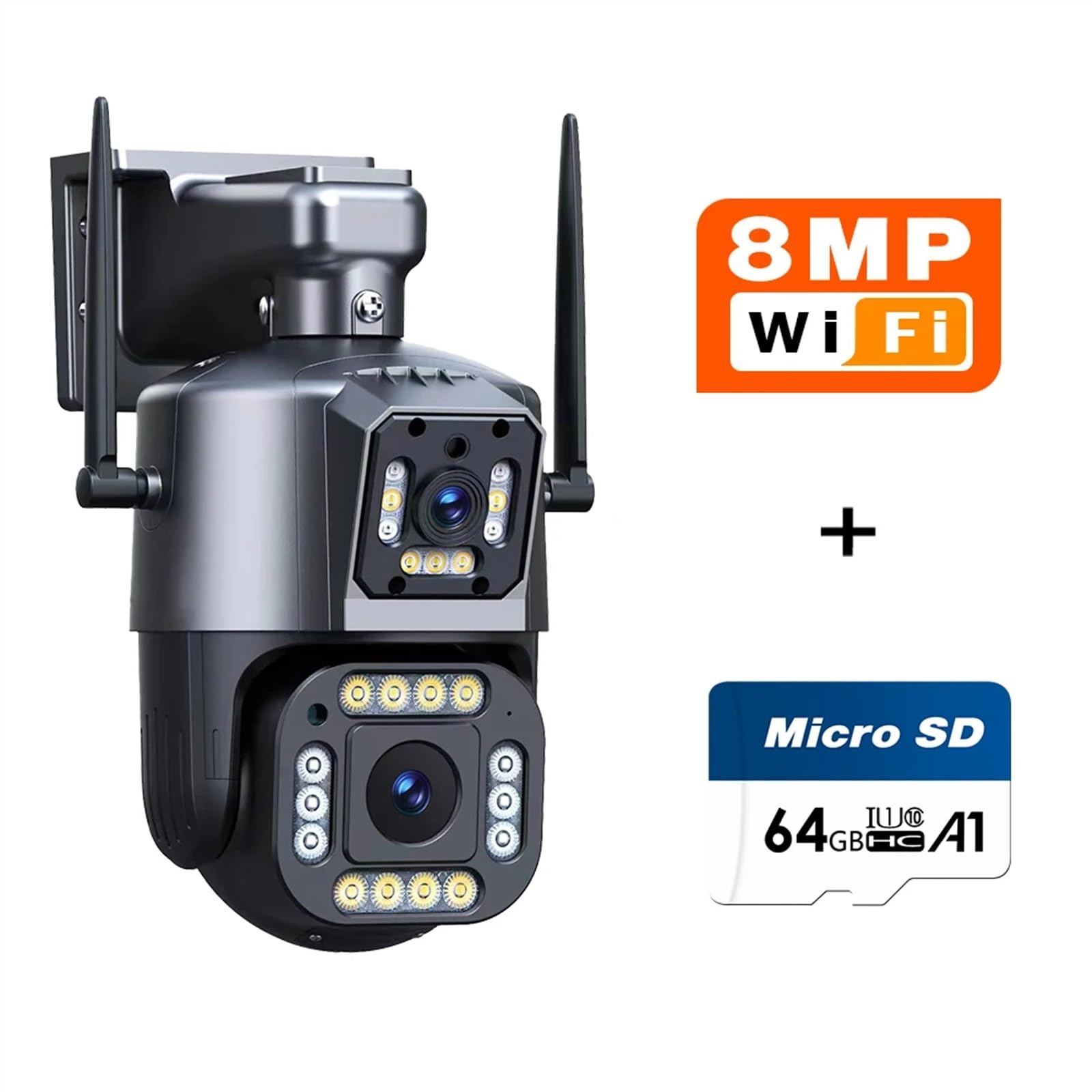 Kamera bezpieczeństwa, Kamera IP 12MP 8K Wi-Fi Zewnętrzna Kamera PTZ Z Trzema Obiektywami Podwójne Ekrany 10-krotny Zoom Automatyczne Śledzenie Człowieka Wodoodporna Kamera CCTV 8MP(4K 8MP Add 64G)