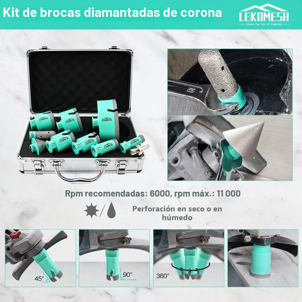 Brocas Coronas para Porcelanico-10piezas (20/25/35/40/50/68/110mm+20mm Broca de dedo+50mm Broca Fresado Chaflán+Adaptador) Para Baldosas Cerámicas, Mármol, Hormigón, Roscas M14