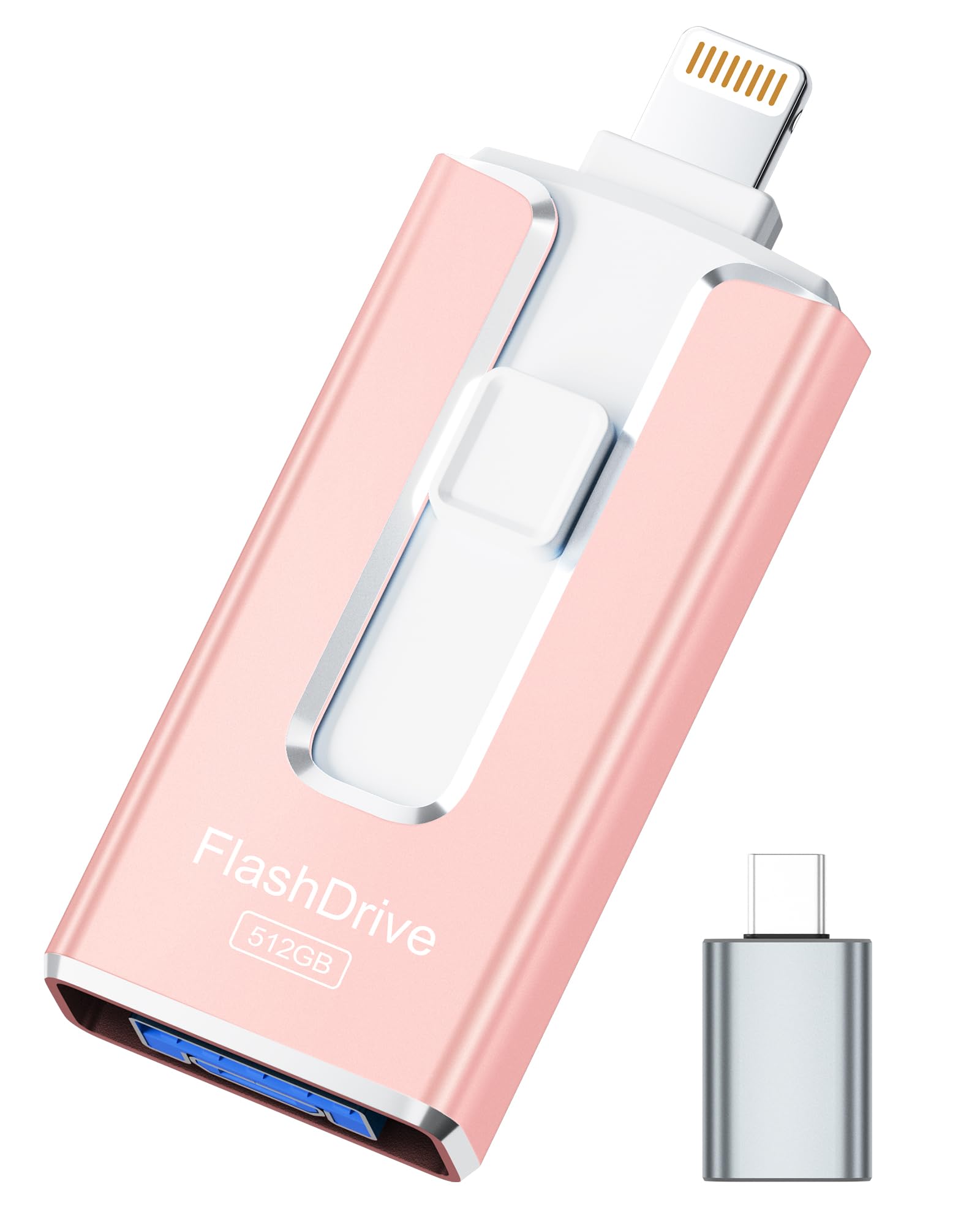 MFi Certified Flash Drive for iPhone iPad, Photo Stick for External Memory Storage, Easily Back Up and Save Photos Videos, USB Memory Stick Thumb Drive for iPhone/iPad/Android/PC (Pink, 512G)