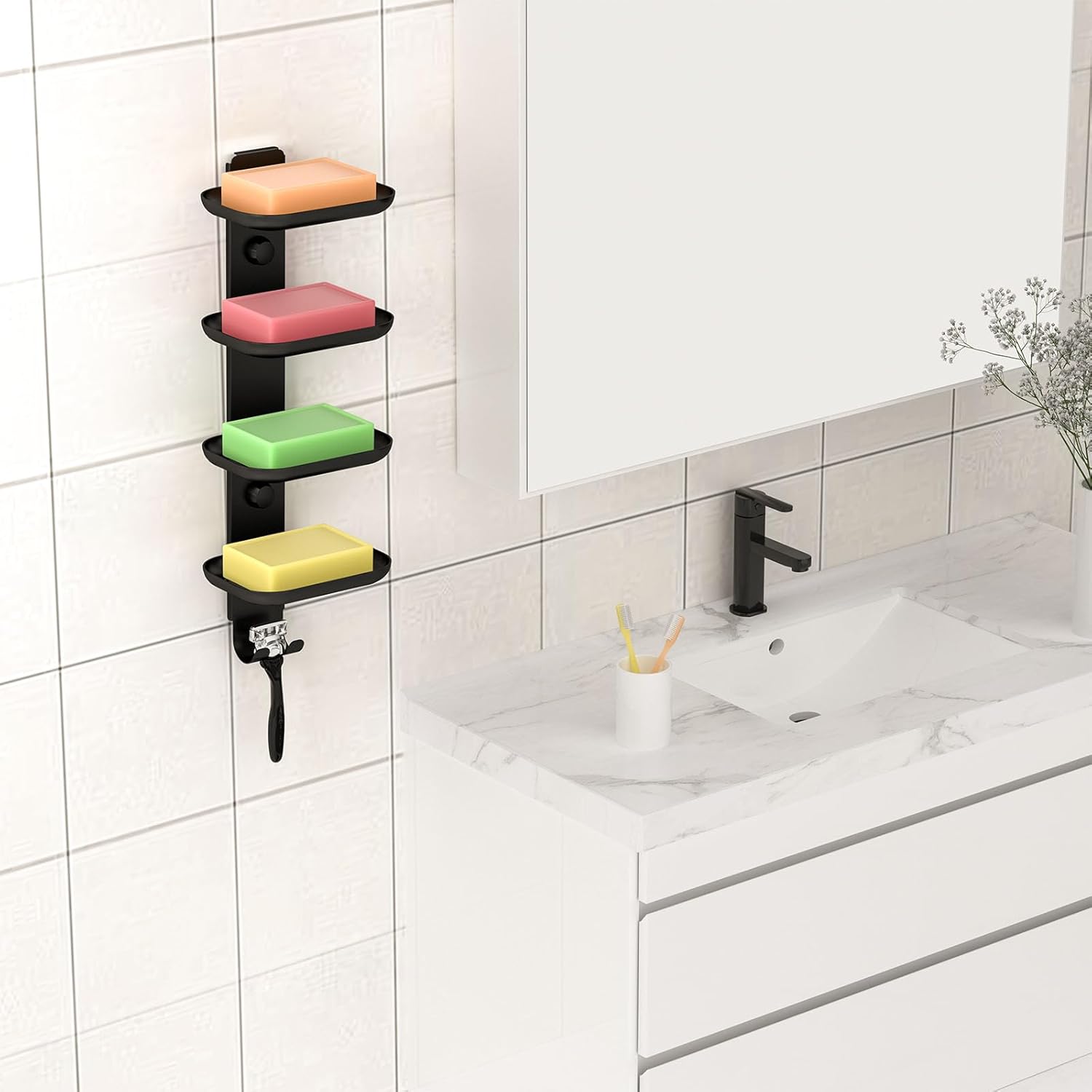 Adhesive 4 Tier Bar Soap Holder for Shower Wall Mounted, Stainless Steel Self Draining Shampoo Bar Holder Caddy for Bathroom Tub and Kitchen Sink, Travel Soap Dish with 2 Hooks, Black - Image 5