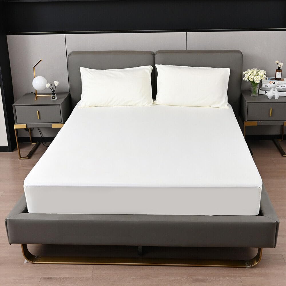 KHIM Luxury Extra Deep Fitted Sheet 16”/40CM Breathable Poly Cotton Plain Soft Long-Lasting Bed Sheet Single Double King Super King (Cream - Image 2