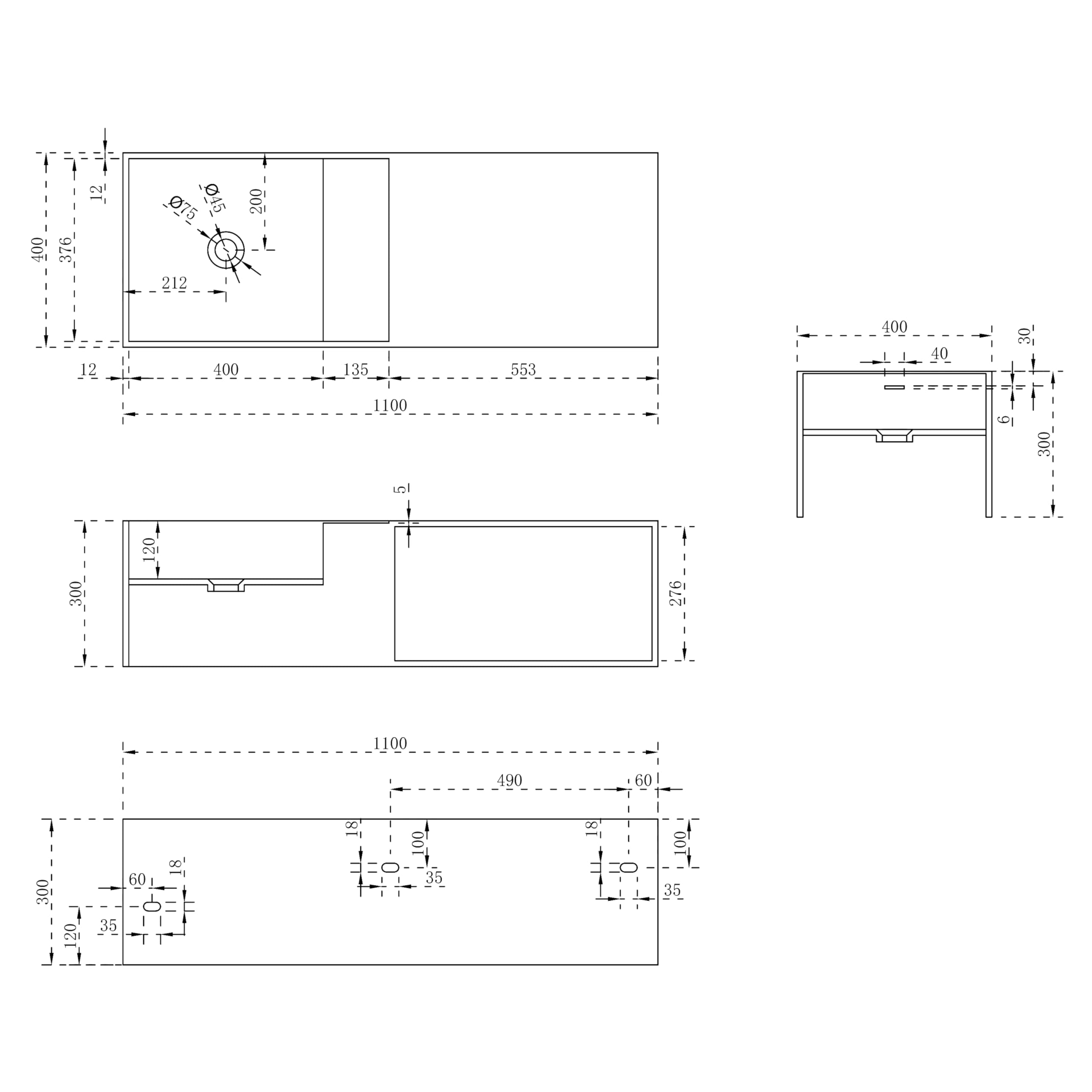 Standwaschschüssel TWG36 aus massivem Stein (Solid Stone) mit Stauraum - 110x40x30 cm